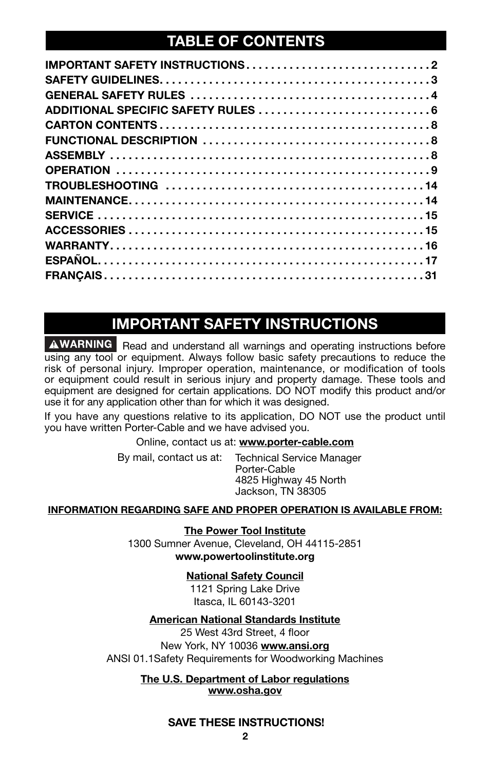 Table of contents important safety instructions | Porter-Cable 750 User Manual | Page 2 / 48