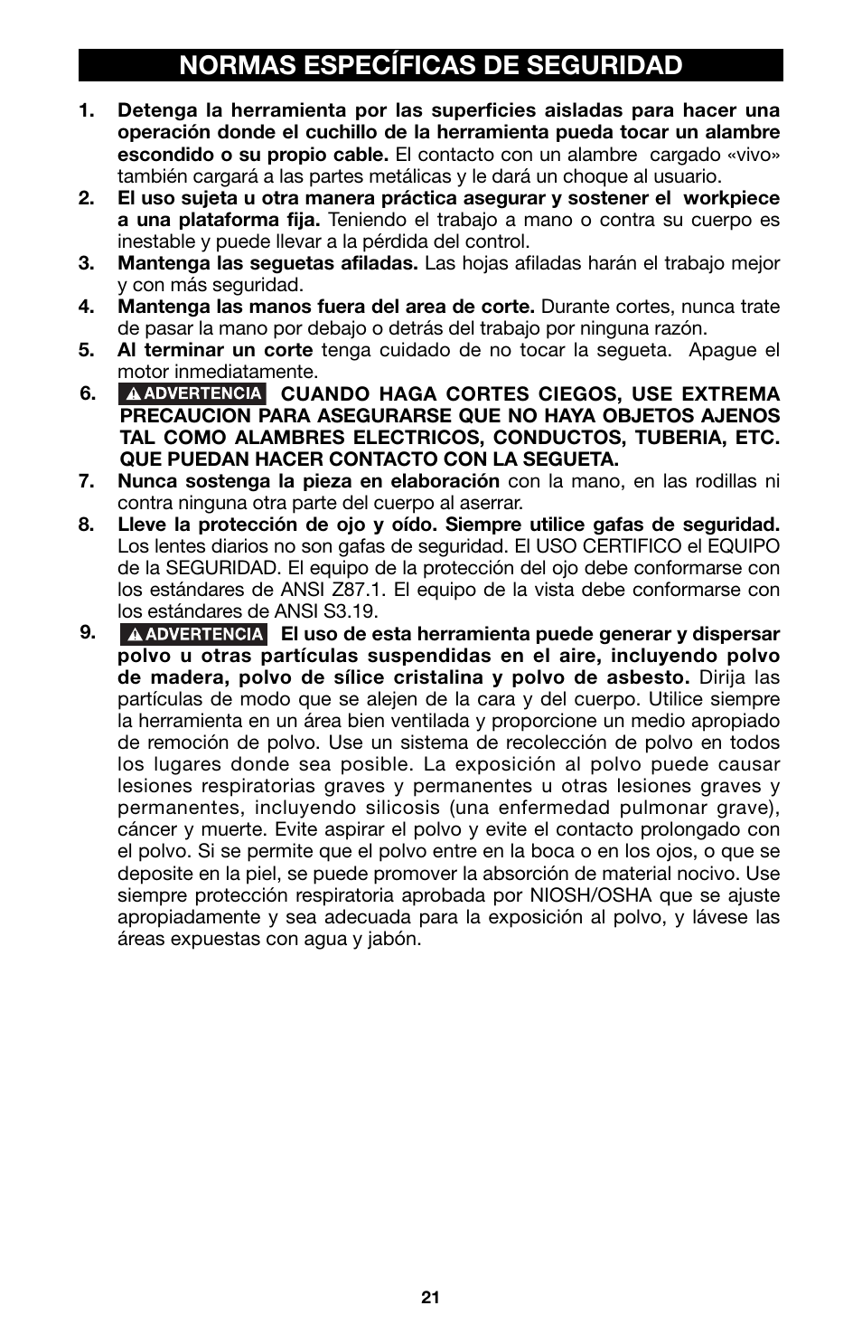 Normas específicas de seguridad | Porter-Cable 750 User Manual | Page 21 / 48