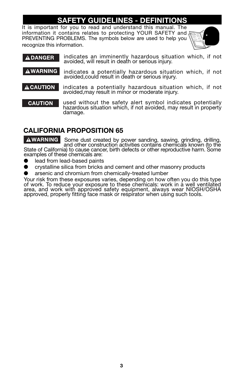 Safety guidelines - definitions, California proposition 65 | Porter-Cable 750 User Manual | Page 3 / 48