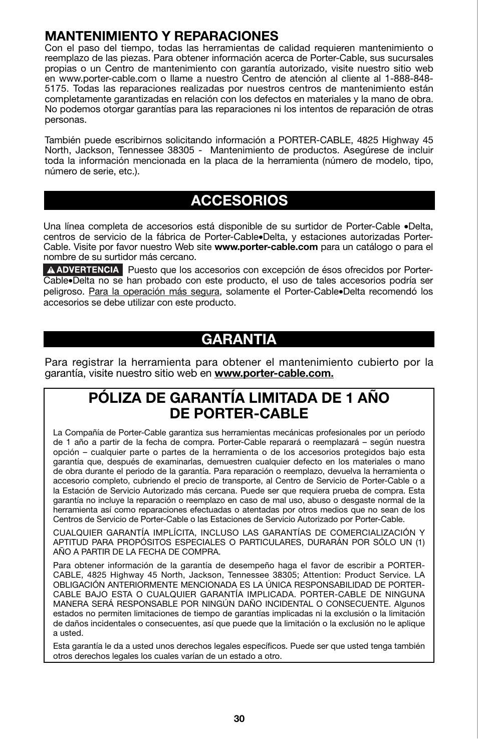 Garantia, Mantenimiento y reparaciones | Porter-Cable 750 User Manual | Page 30 / 48