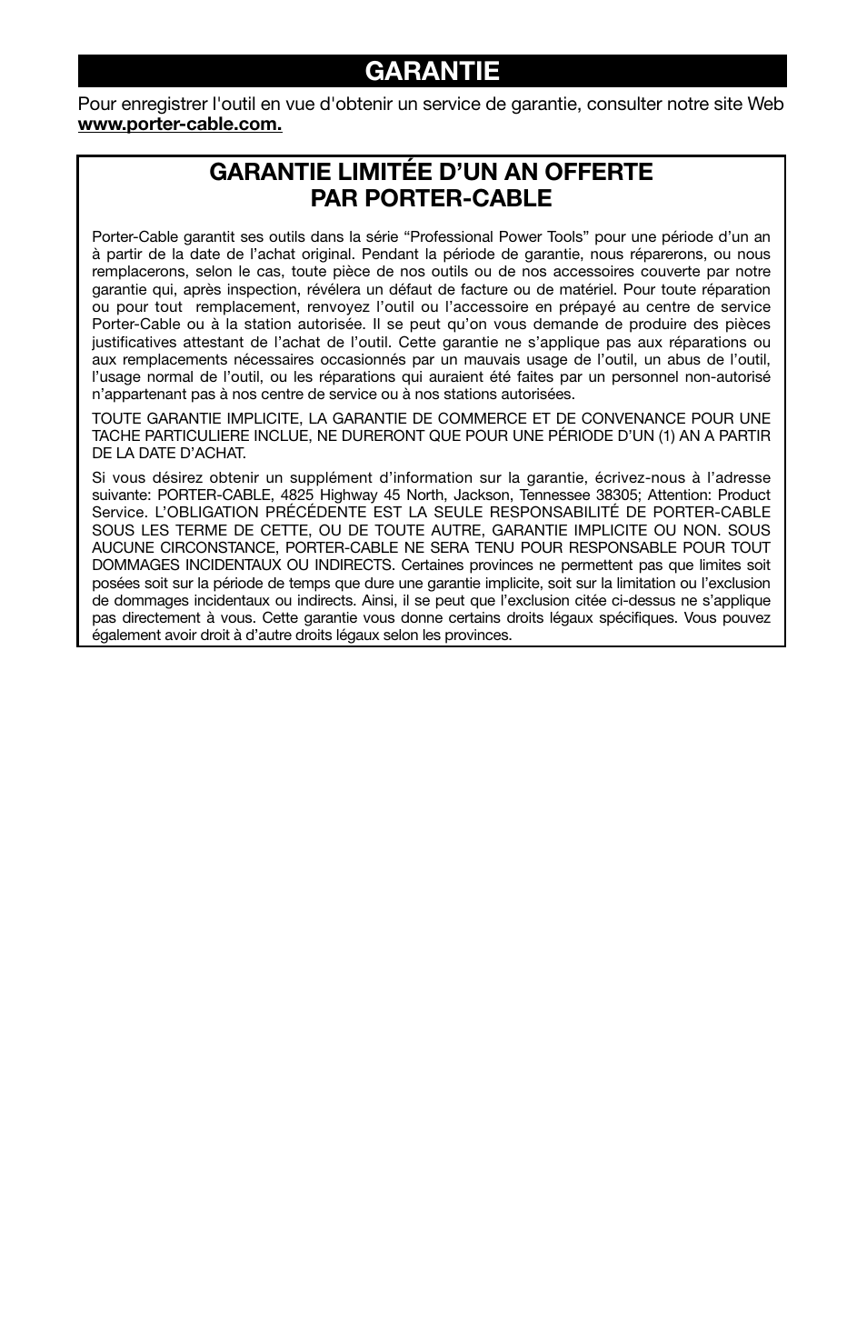 Garantie, Garantie limitée d’un an offerte par porter-cable | Porter-Cable 750 User Manual | Page 44 / 48