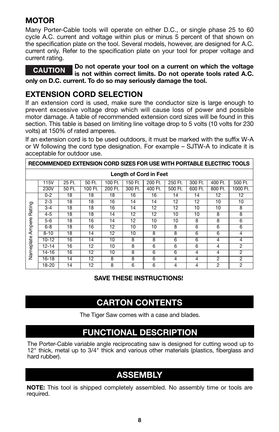 Functional description carton contents, Assembly, Extension cord selection | Motor | Porter-Cable 750 User Manual | Page 8 / 48