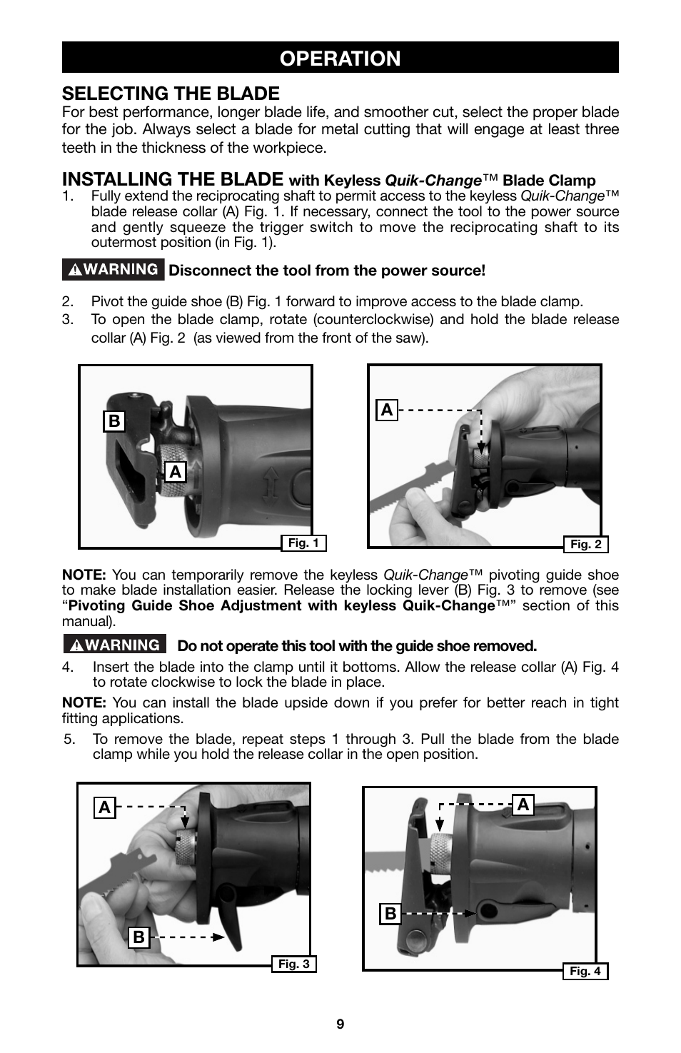 Operation, Selecting the blade, Installing the blade | Porter-Cable 750 User Manual | Page 9 / 48