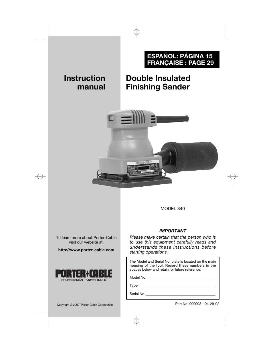 Porter-Cable 340 User Manual | 15 pages