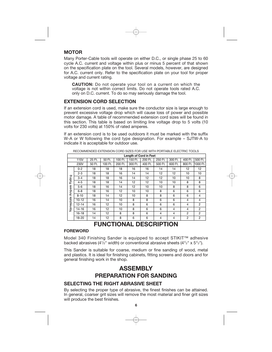 Functional description, Assembly, Preparation for sanding | Motor, Extension cord selection, Selecting the right abrasive sheet, Width) or conventional abrasive sheets (4 | Porter-Cable 340 User Manual | Page 6 / 15