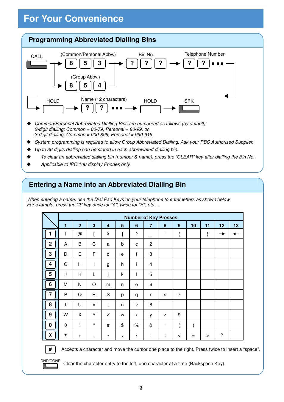 For your convenience, Programming abbreviated dialling bins, Entering a name into an abbreviated dialling bin | Porter-Cable SOPHO IPC 100 User Manual | Page 4 / 13