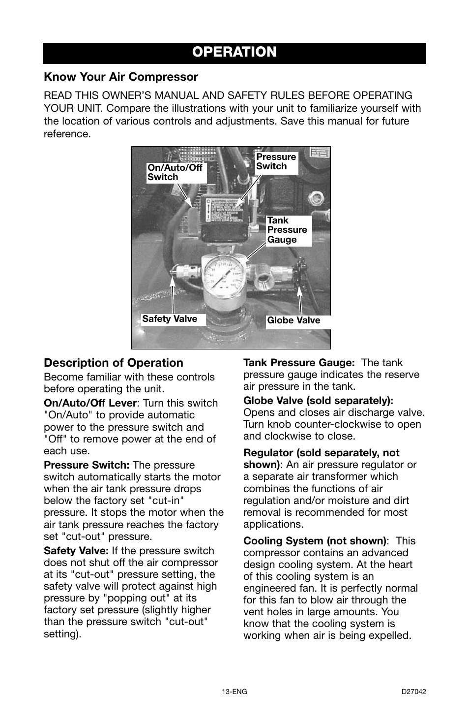 Operation, Description of operation, Know your air compressor | Porter-Cable C7550 User Manual | Page 13 / 26