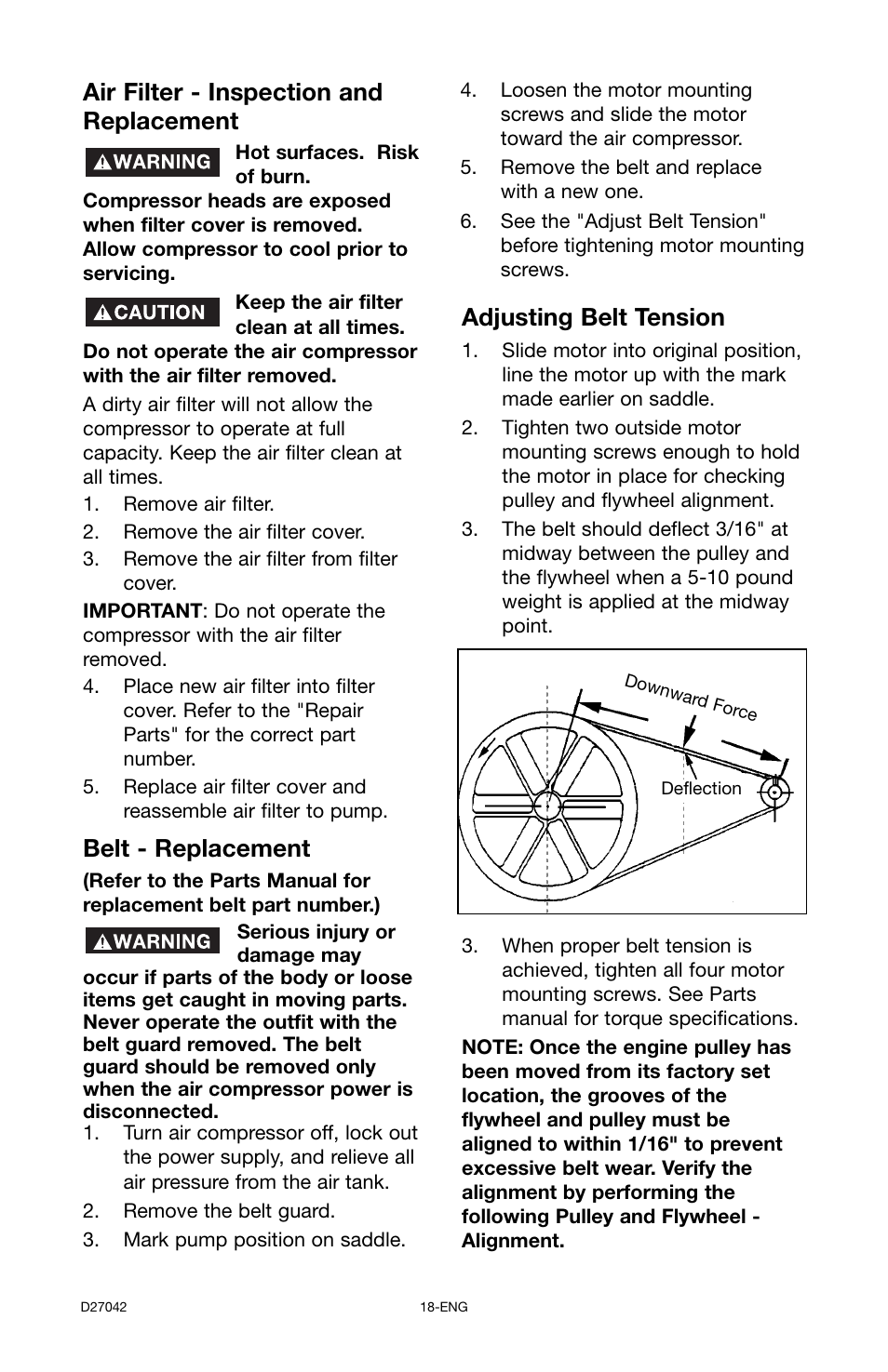 Air filter - inspection and replacement, Belt - replacement, Adjusting belt tension | Porter-Cable C7550 User Manual | Page 18 / 26