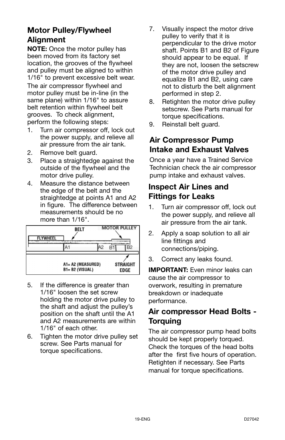 Air compressor pump intake and exhaust valves, Inspect air lines and fittings for leaks, Motor pulley/flywheel alignment | Air compressor head bolts - torquing | Porter-Cable C7550 User Manual | Page 19 / 26
