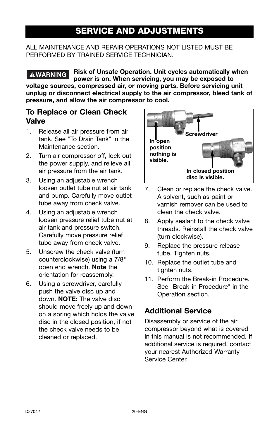 Service and adjustments, Additional service | Porter-Cable C7550 User Manual | Page 20 / 26