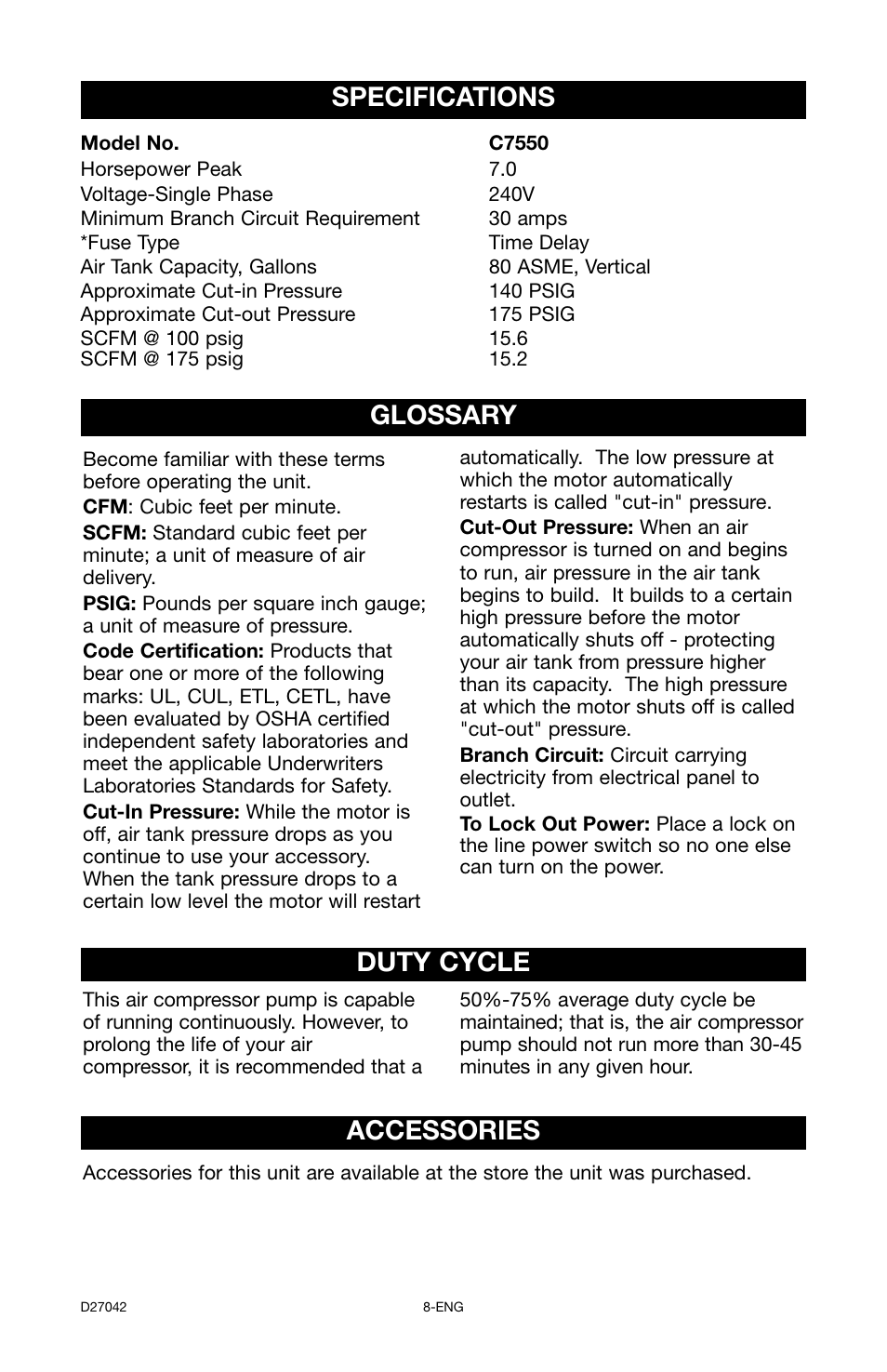 Glossary duty cycle, Accessories, Specifications | Porter-Cable C7550 User Manual | Page 8 / 26