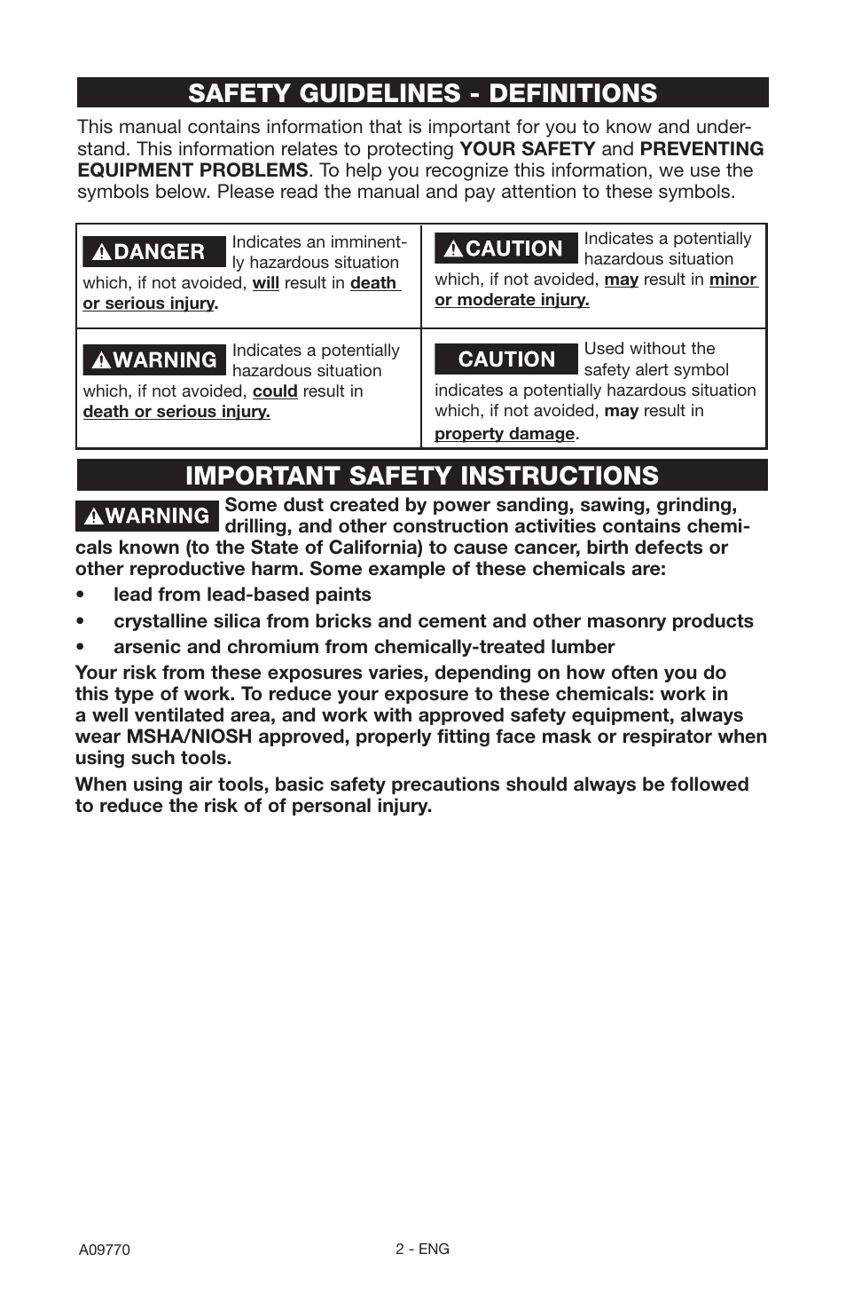 Safety guidelines - definitions, Important safety instructions | Porter-Cable CFFR350C User Manual | Page 2 / 22
