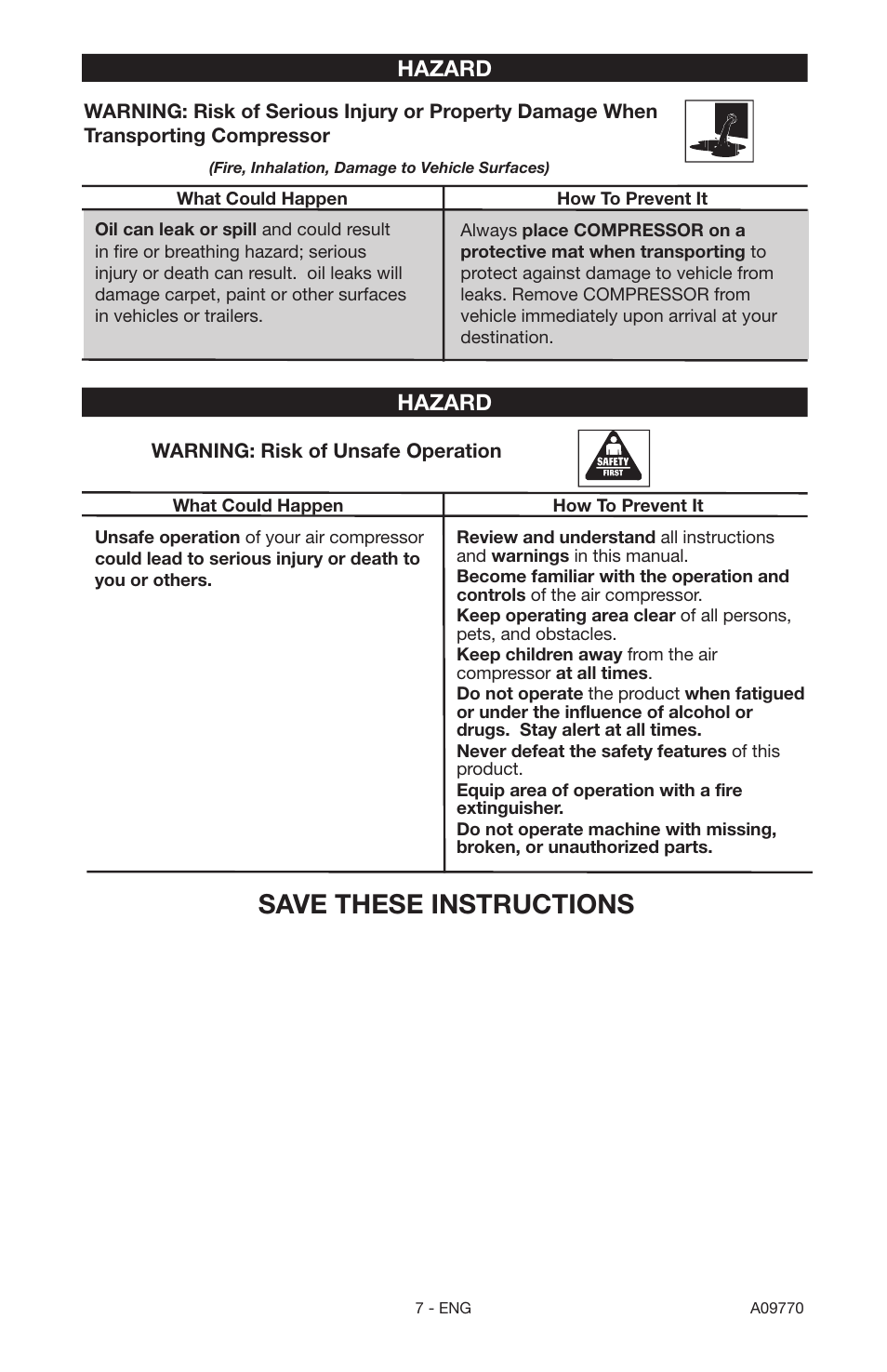 Save these instructions, Hazard | Porter-Cable CFFR350C User Manual | Page 7 / 22