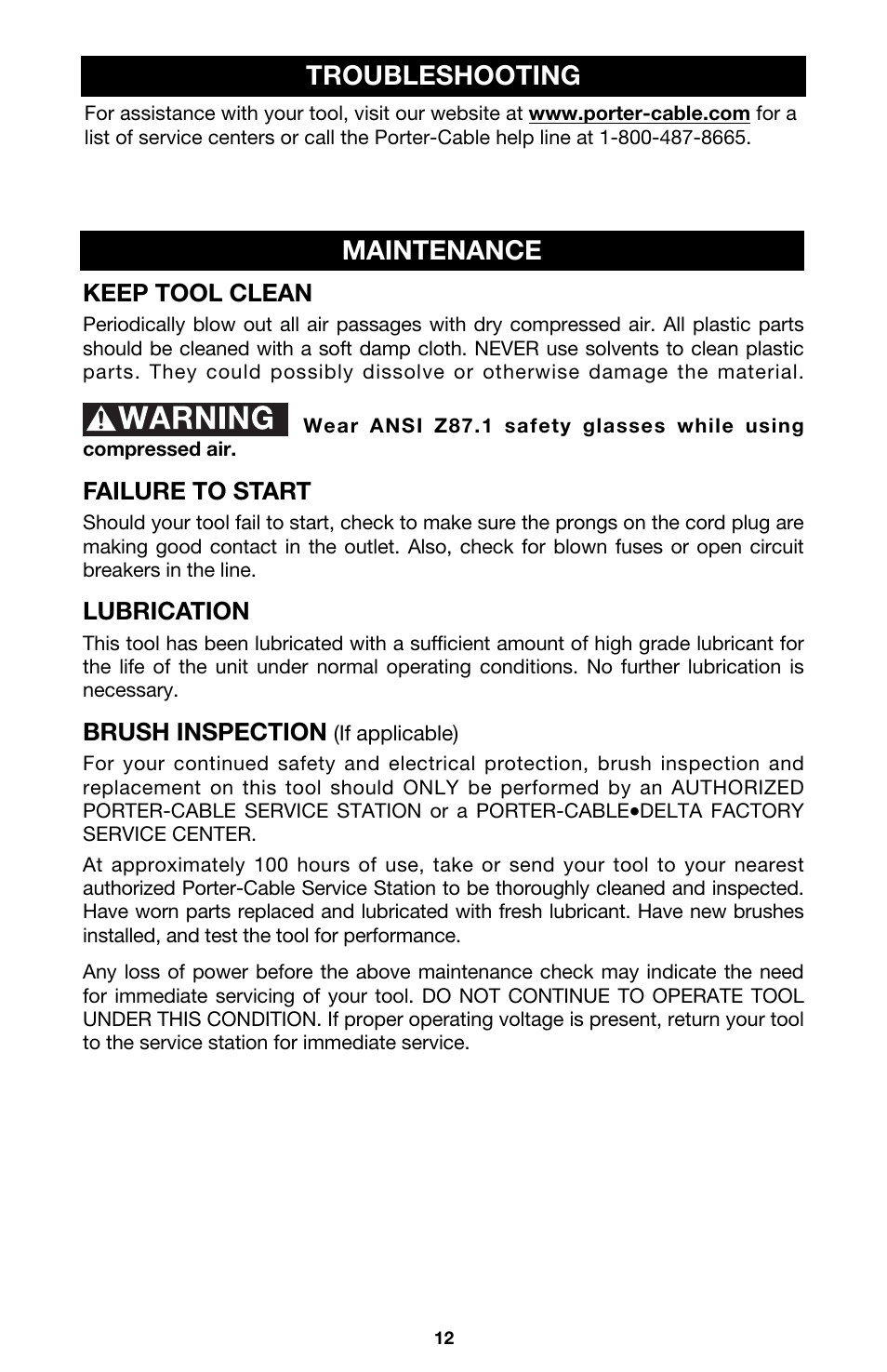 Maintenance, Troubleshooting | Porter-Cable 7814 User Manual | Page 12 / 15