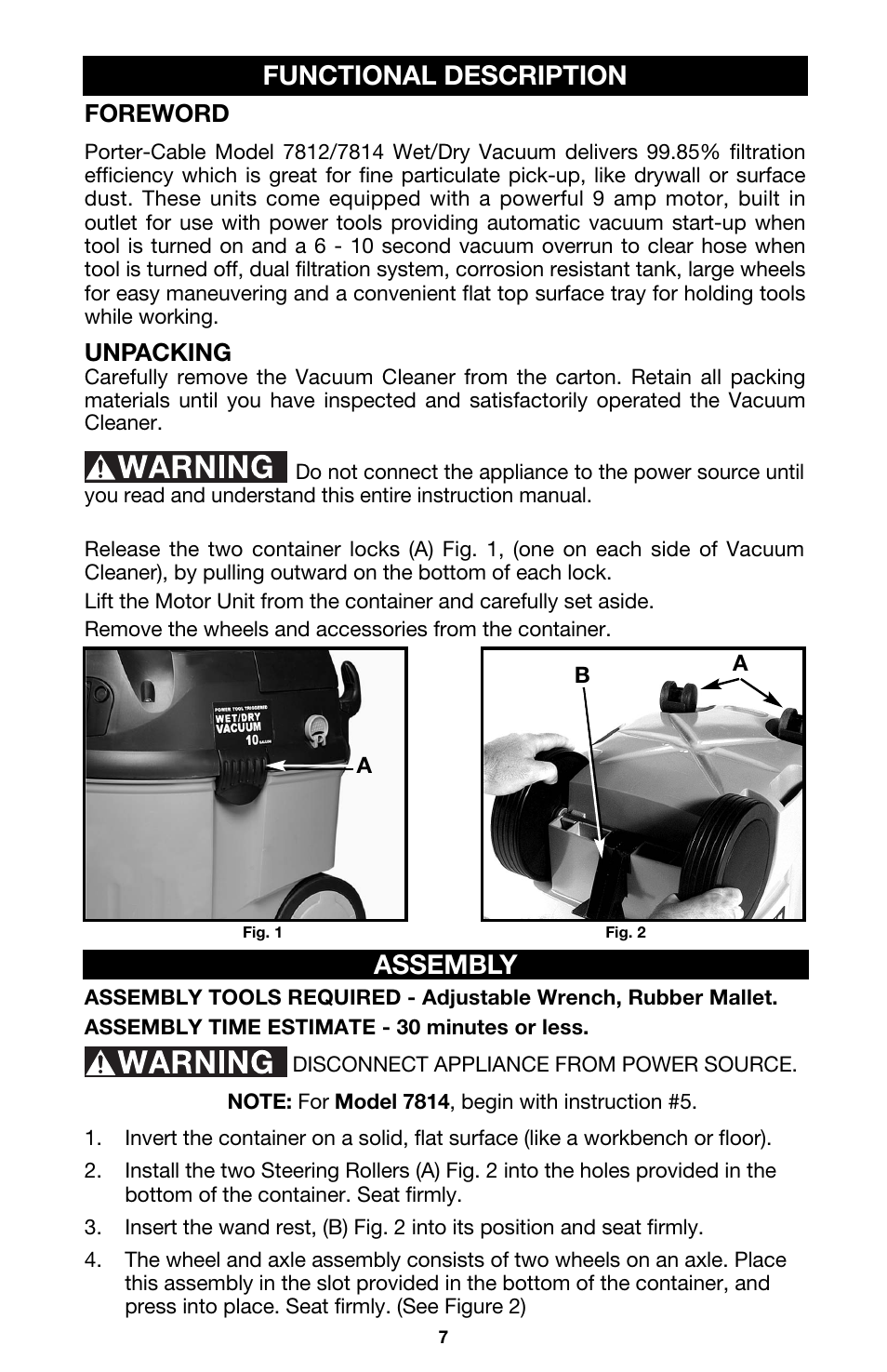 Functional description assembly, Foreword, Unpacking | Porter-Cable 7814 User Manual | Page 7 / 15