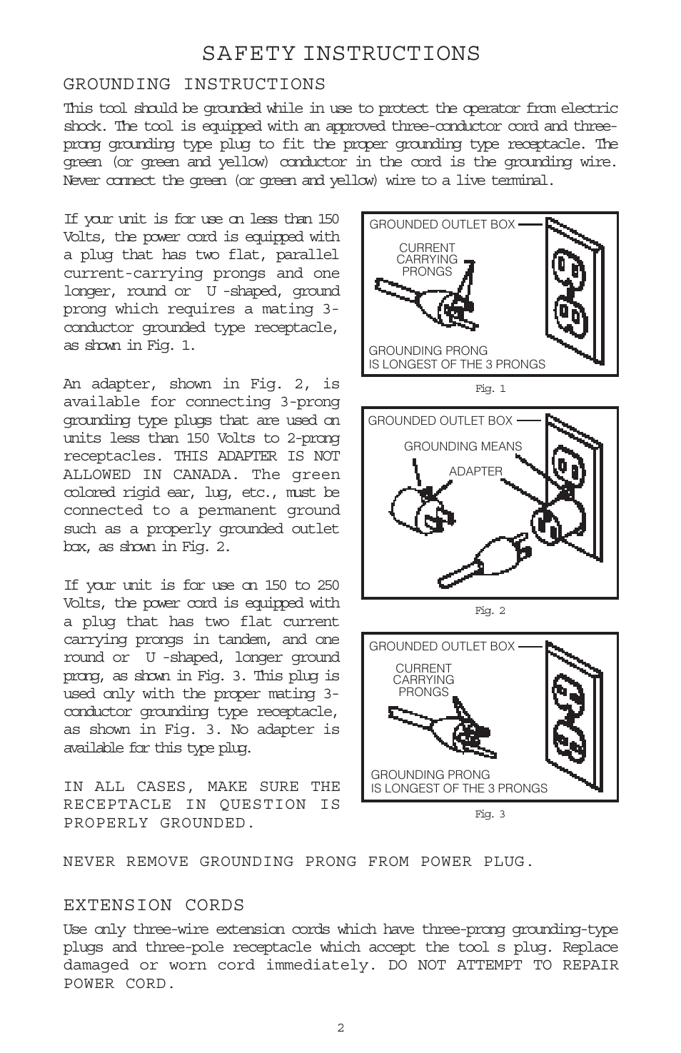 Safety instructions, Grounding instructions, Extension cords | Porter-Cable 698 User Manual | Page 2 / 19