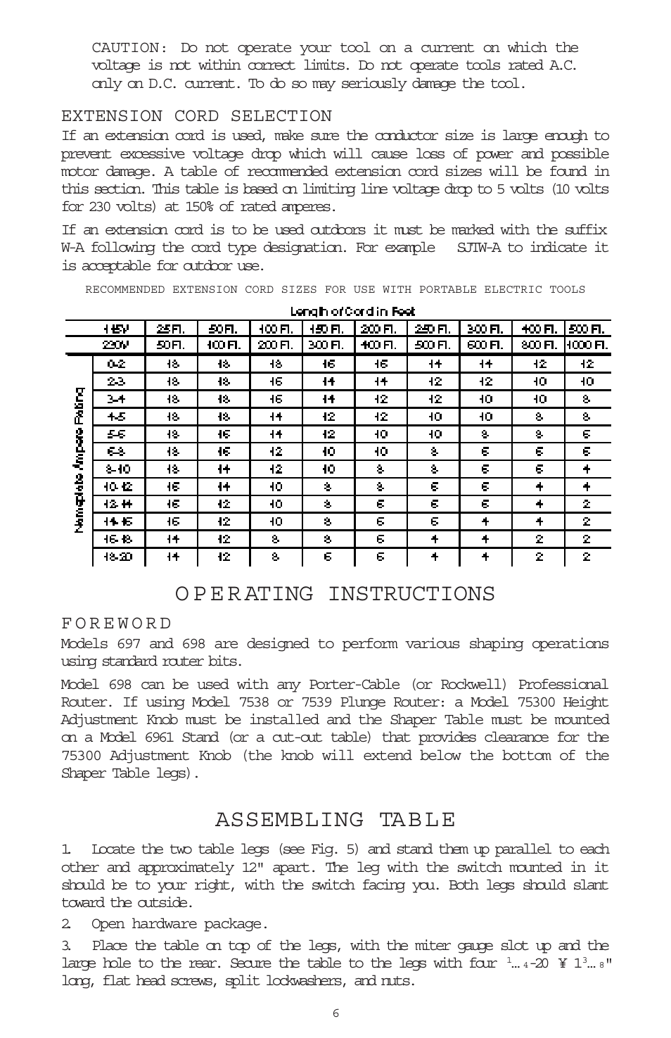 Assembling ta b l e, Extension cord selection | Porter-Cable 698 User Manual | Page 6 / 19