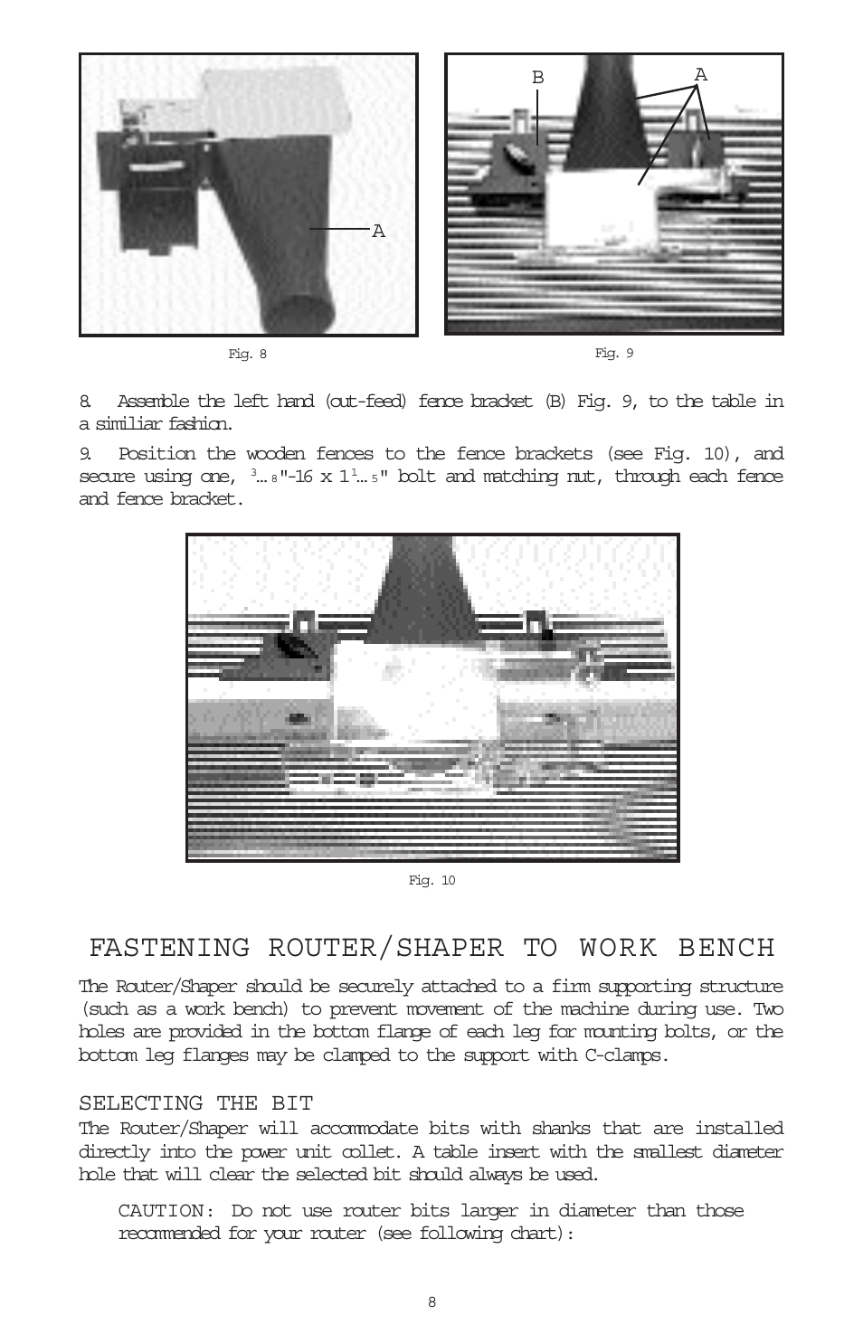 Fastening router/shaper to work bench, Selecting the bit | Porter-Cable 698 User Manual | Page 8 / 19