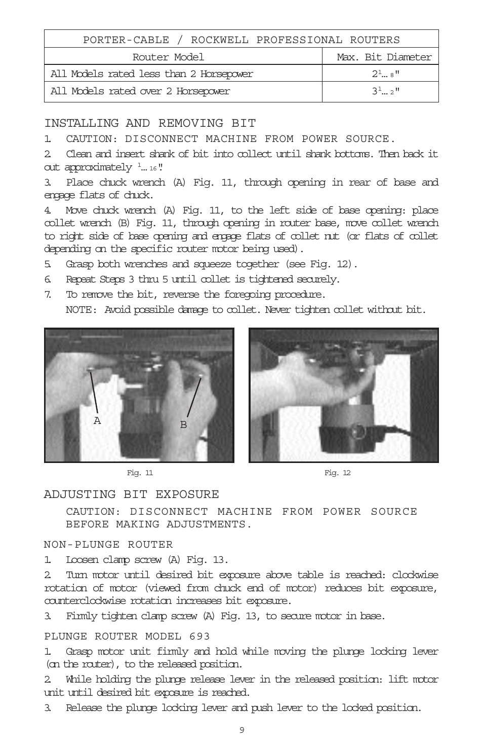 Installing and removing bit, Adjusting bit exposure | Porter-Cable 698 User Manual | Page 9 / 19