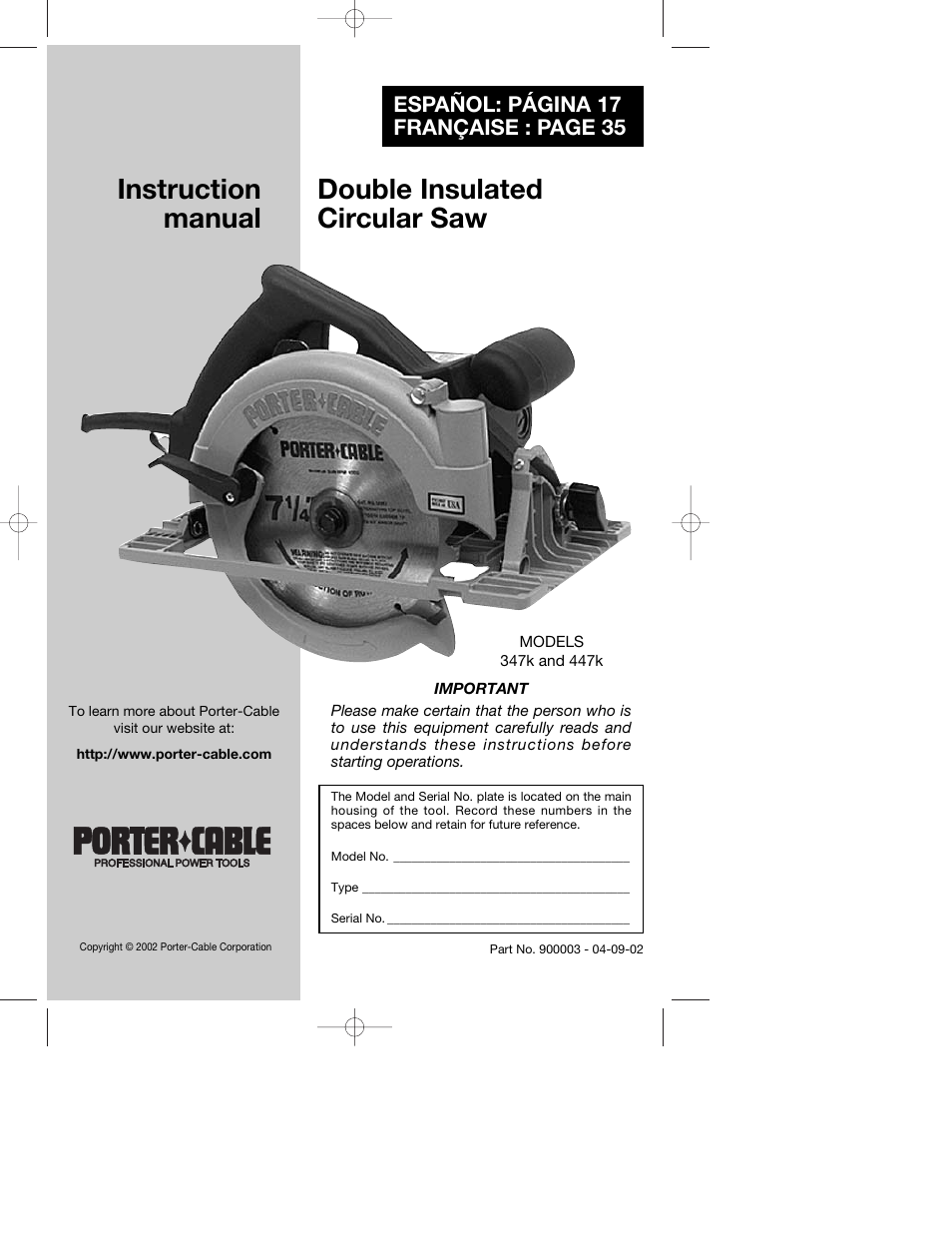 Porter-Cable 447k User Manual | 17 pages