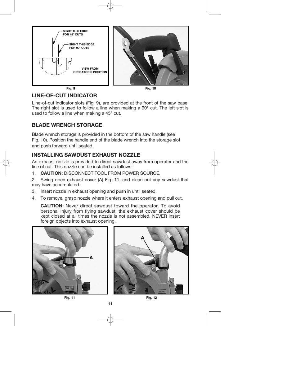 Line-of-cut indicator, Blade wrench storage, Installing sawdust exhaust nozzle | Porter-Cable 447k User Manual | Page 11 / 17