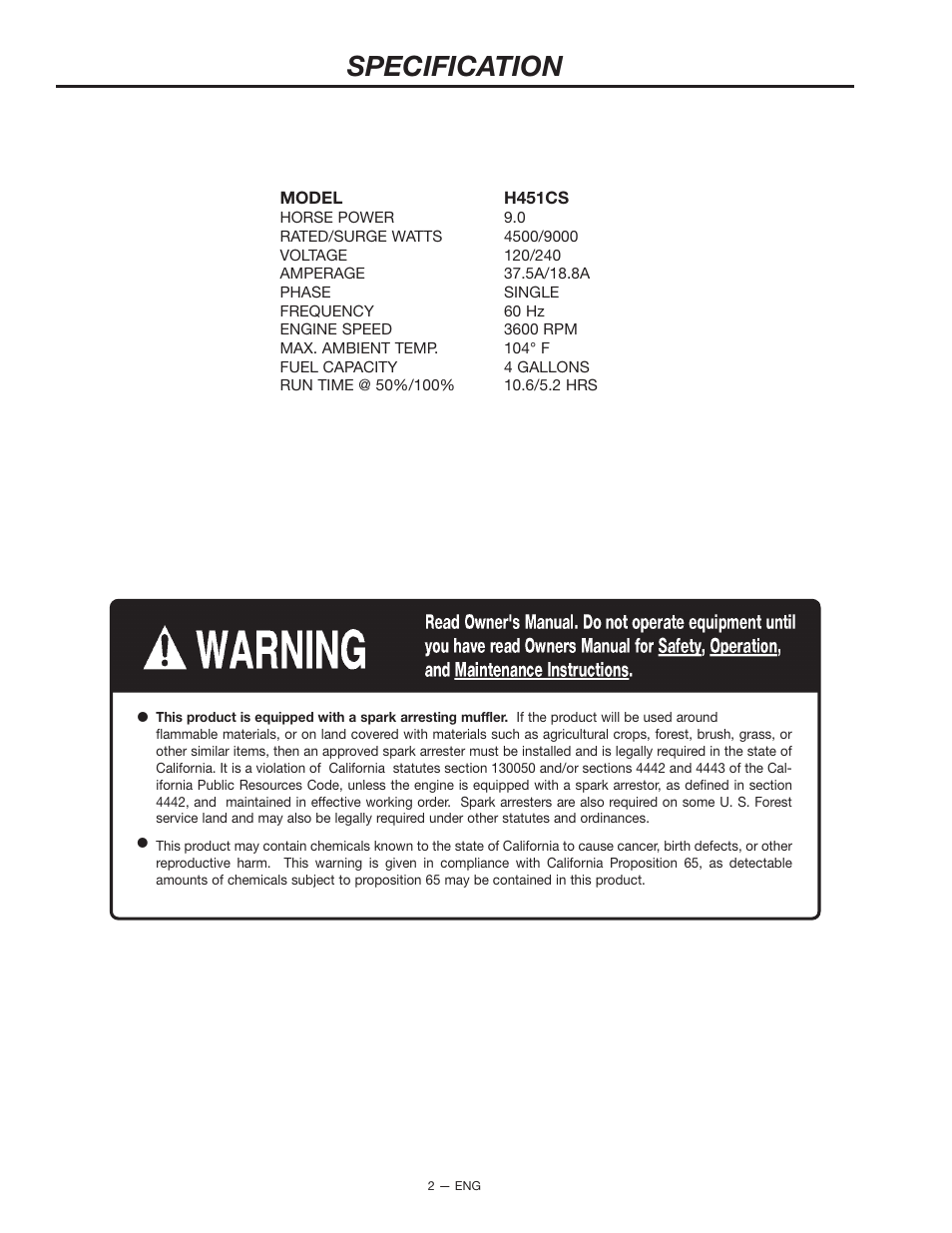 Specification | Porter-Cable H451CS User Manual | Page 2 / 20