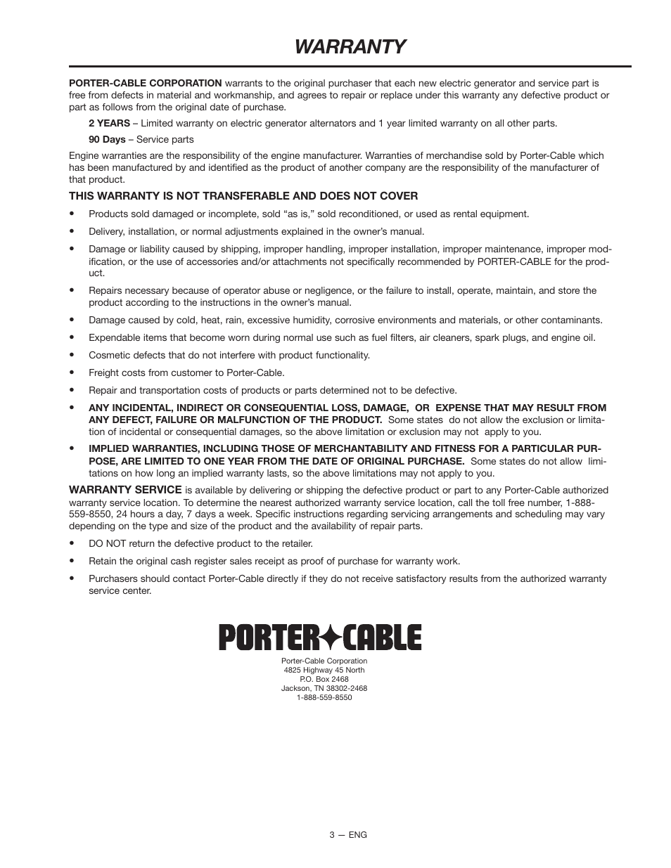 Warranty | Porter-Cable H451CS User Manual | Page 3 / 20