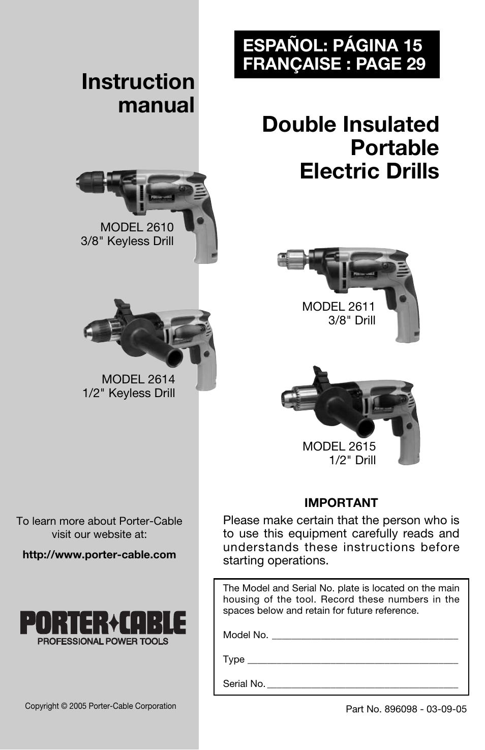 Porter-Cable 3/8" KEYLESS DRILL 2614 User Manual | 15 pages