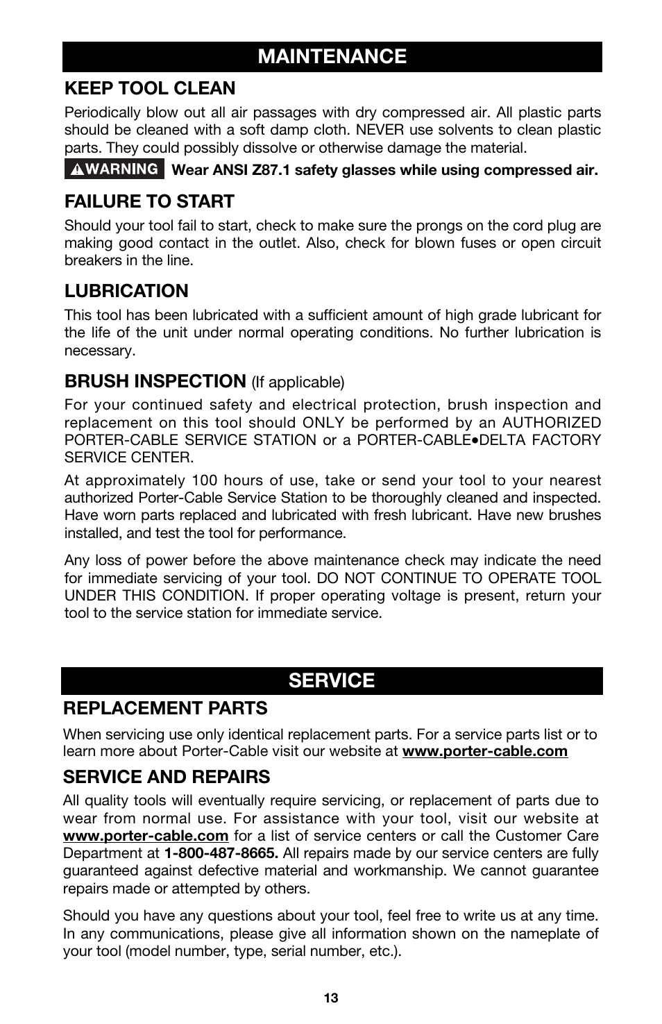 Maintenance, Service | Porter-Cable 3/8" KEYLESS DRILL 2614 User Manual | Page 13 / 15
