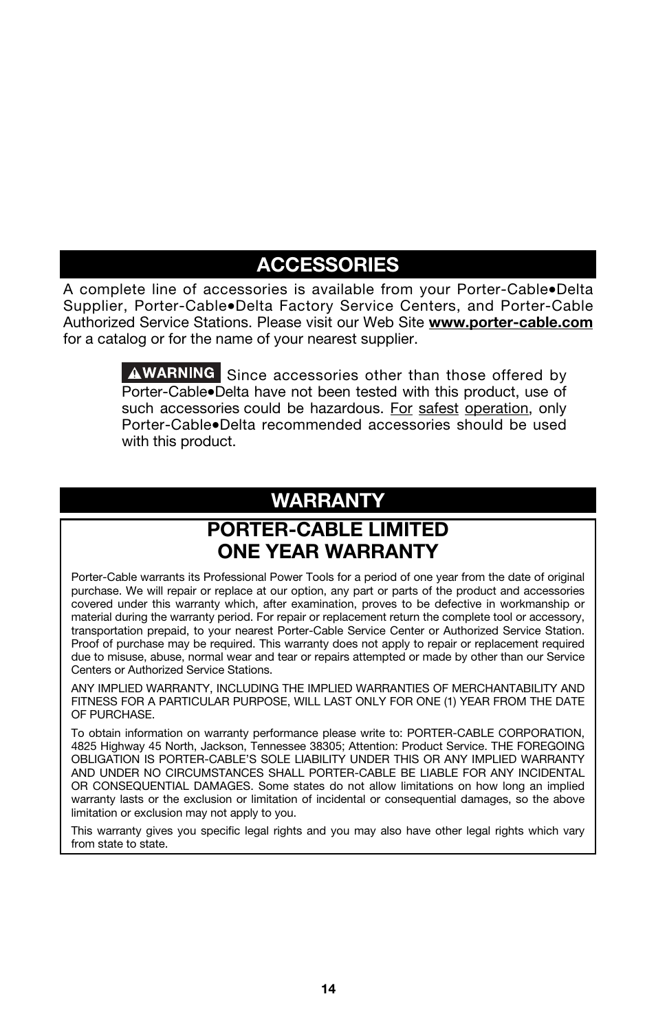 Porter-cable limited one year warranty, Warranty, Accessories | Porter-Cable 3/8" KEYLESS DRILL 2614 User Manual | Page 14 / 15