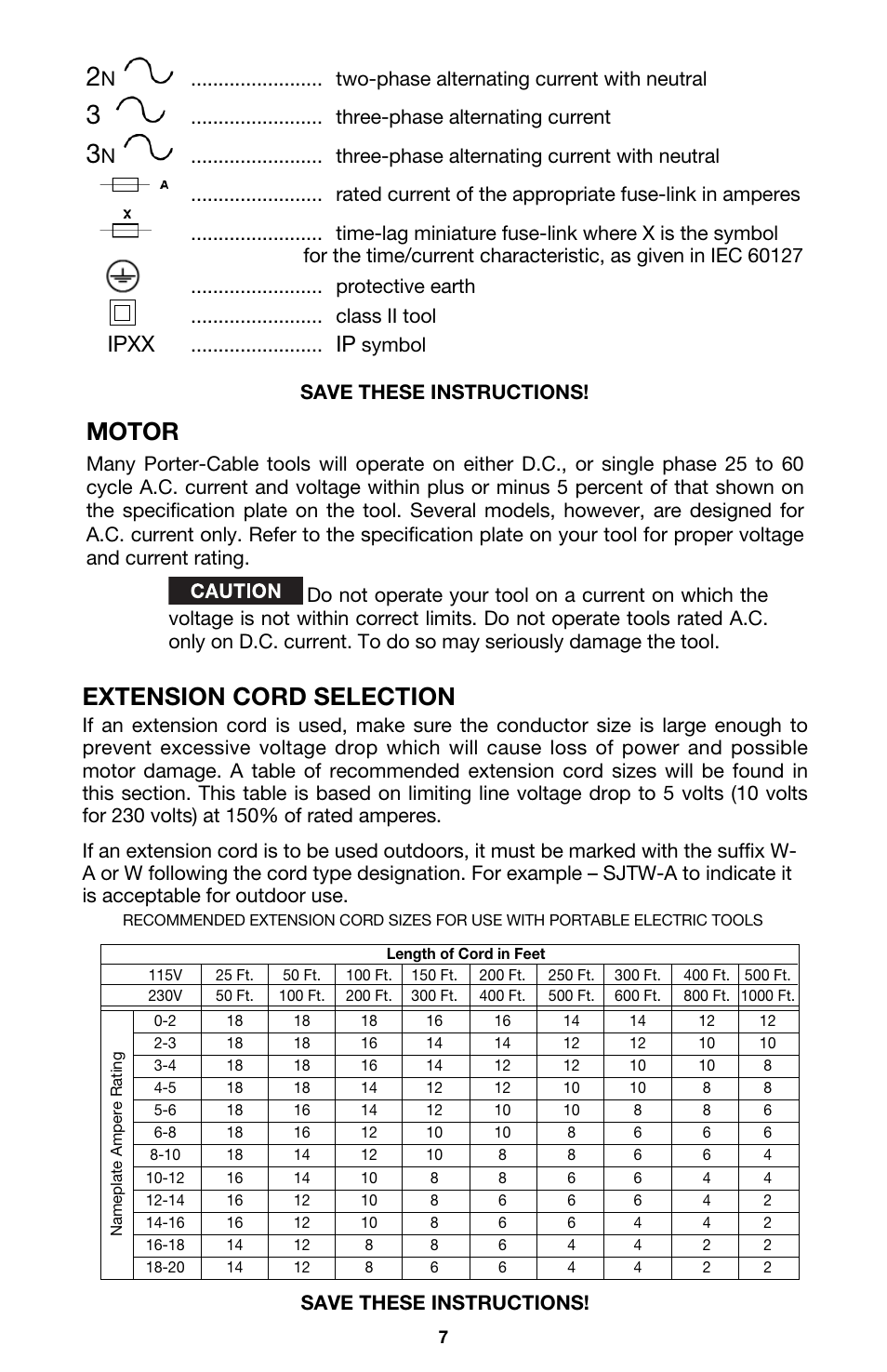 Motor, Extension cord selection, Ipxx | Three-phase alternating current, Symbol save these instructions, Save these instructions | Porter-Cable 3/8" KEYLESS DRILL 2614 User Manual | Page 7 / 15