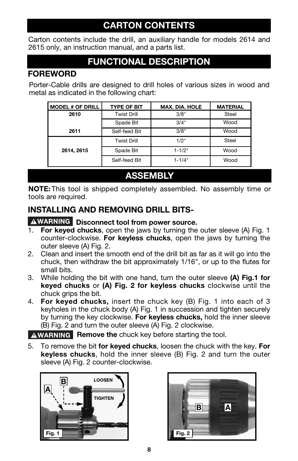 Functional description carton contents, Assembly, Foreword | Installing and removing drill bits | Porter-Cable 3/8" KEYLESS DRILL 2614 User Manual | Page 8 / 15