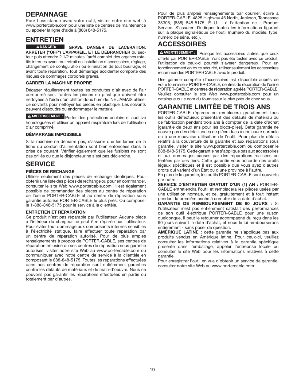 Depannage, Entretien, Service | Accessoires, Garantie limitée de trois ans | Porter-Cable N066288 User Manual | Page 19 / 32