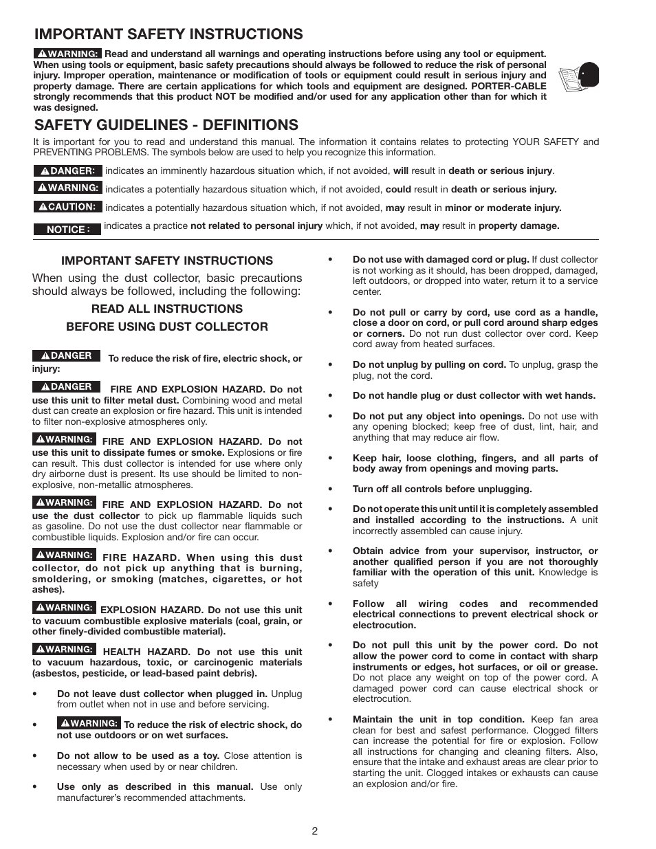 Important safety instructions, Safety guidelines - definitions | Porter-Cable N066288 User Manual | Page 2 / 32