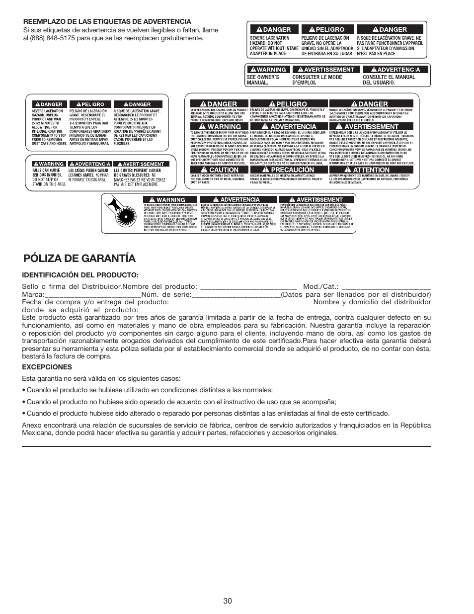 Póliza de garantía | Porter-Cable N066288 User Manual | Page 30 / 32