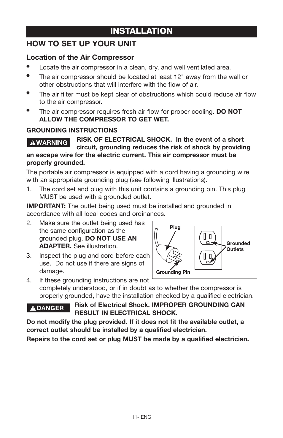Installation, How to set up your unit, Location of the air compressor | Porter-Cable C2555 User Manual | Page 11 / 80