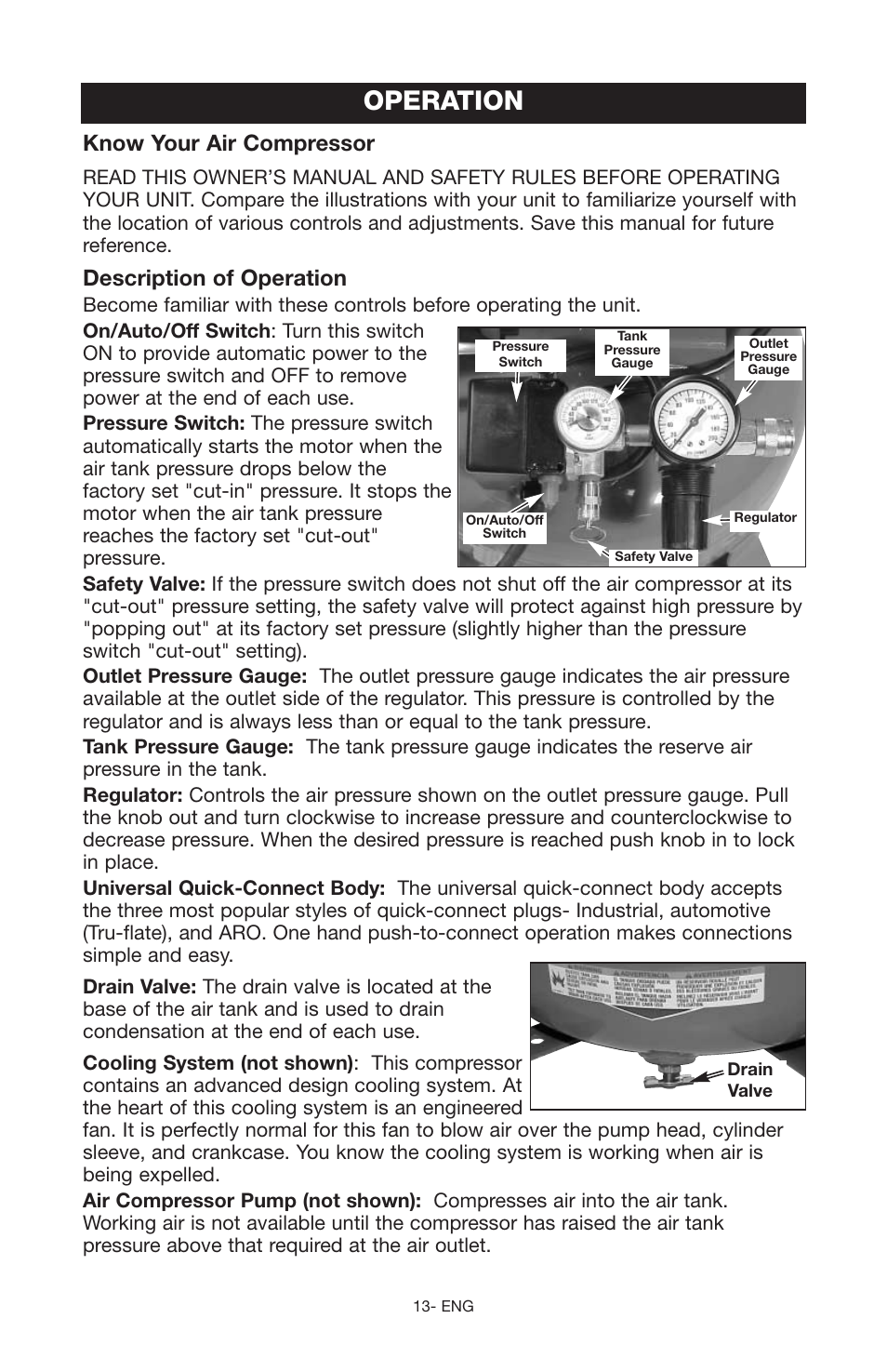Operation, Know your air compressor, Description of operation | Porter-Cable C2555 User Manual | Page 13 / 80