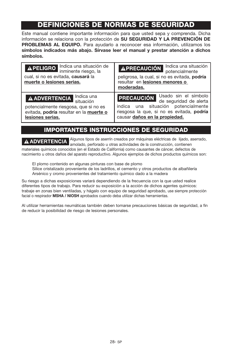 Definiciones de normas de seguridad, Importantes instrucciones de seguridad | Porter-Cable C2555 User Manual | Page 28 / 80