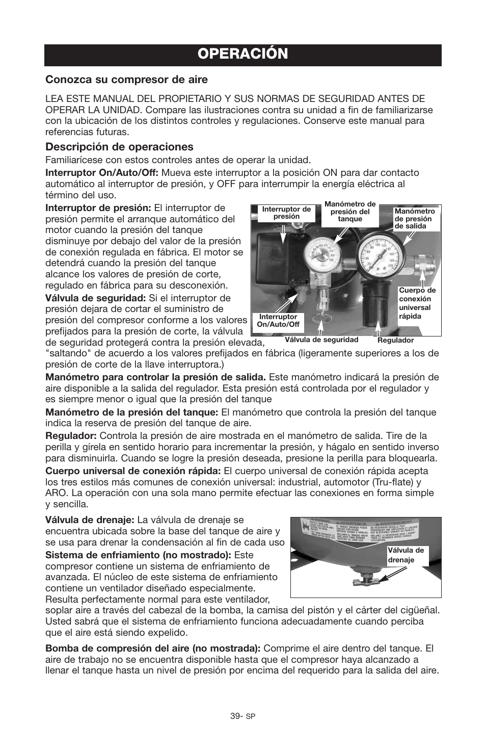 Operación, Descripción de operaciones, Conozca su compresor de aire | Porter-Cable C2555 User Manual | Page 39 / 80