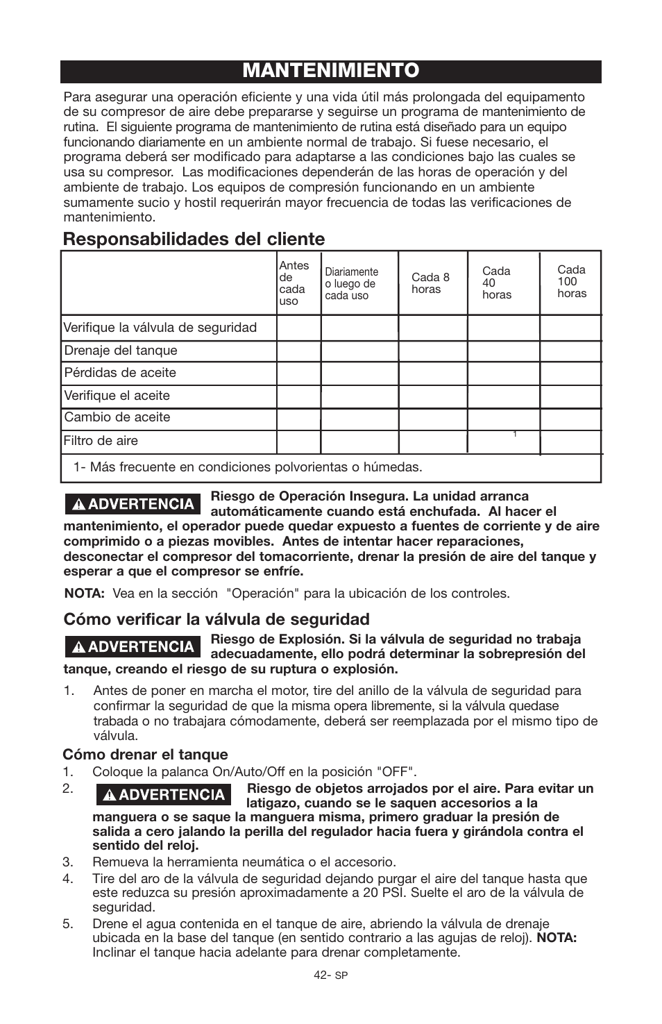 Mantenimiento, Responsabilidades del cliente, Cómo verificar la válvula de seguridad | Porter-Cable C2555 User Manual | Page 42 / 80