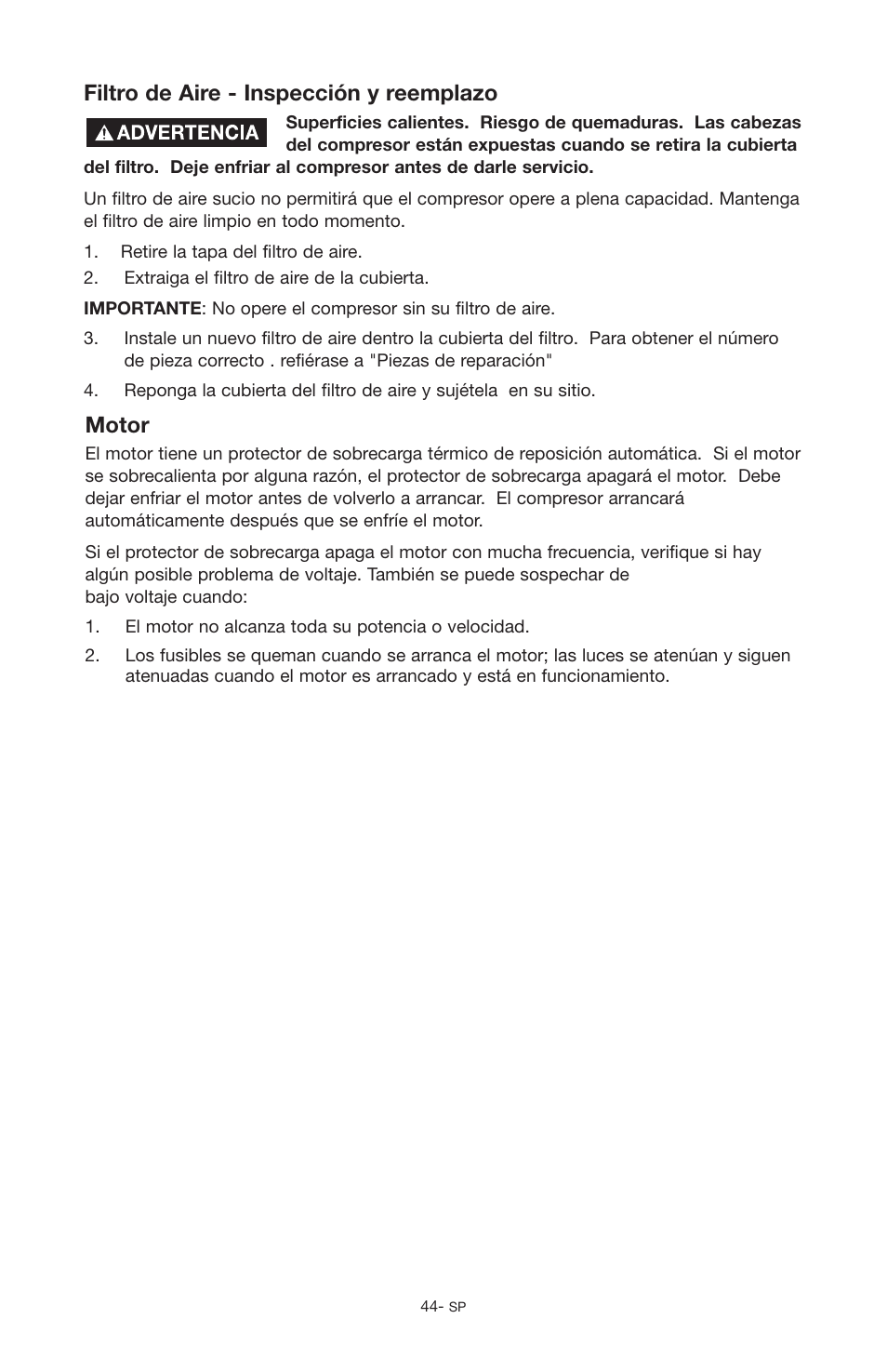 Filtro de aire - inspección y reemplazo, Motor | Porter-Cable C2555 User Manual | Page 44 / 80