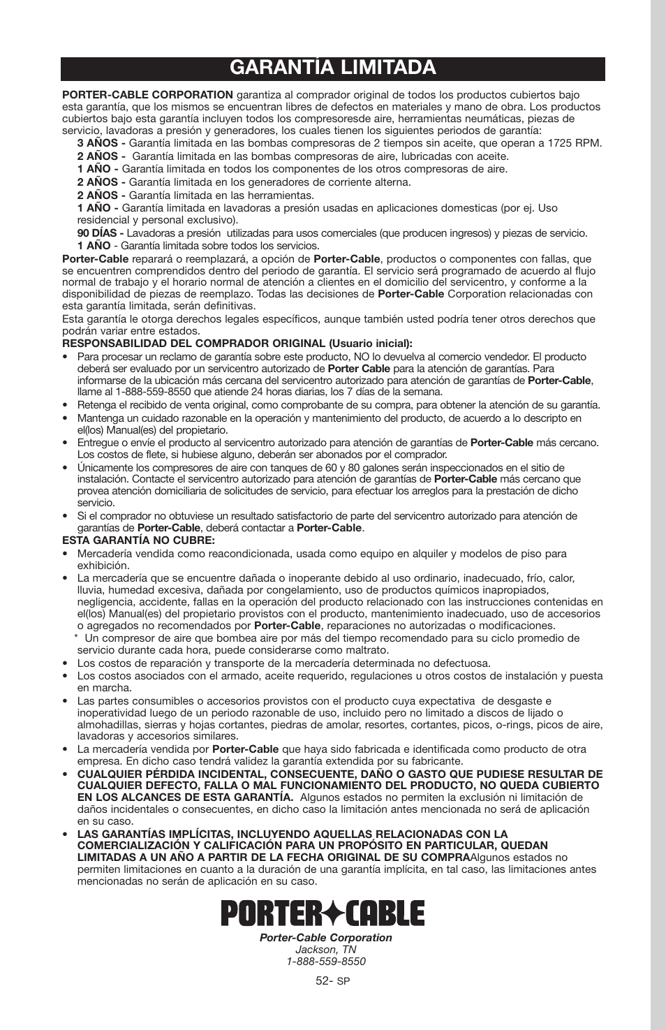 Garantía limitada | Porter-Cable C2555 User Manual | Page 52 / 80