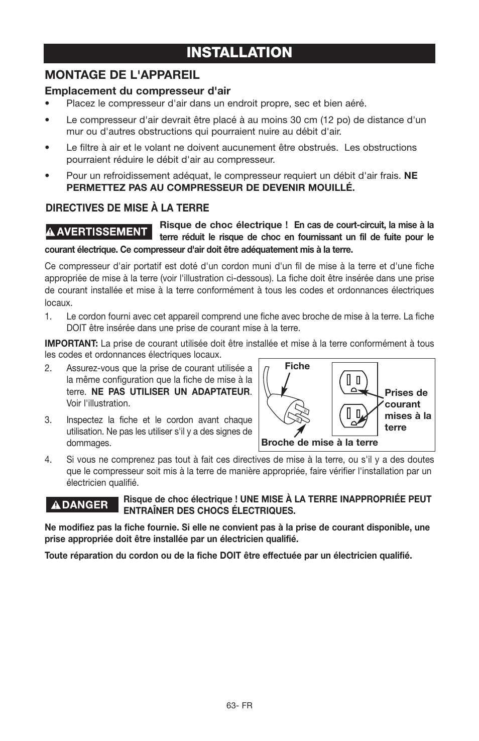 Installation, Montage de l'appareil | Porter-Cable C2555 User Manual | Page 63 / 80