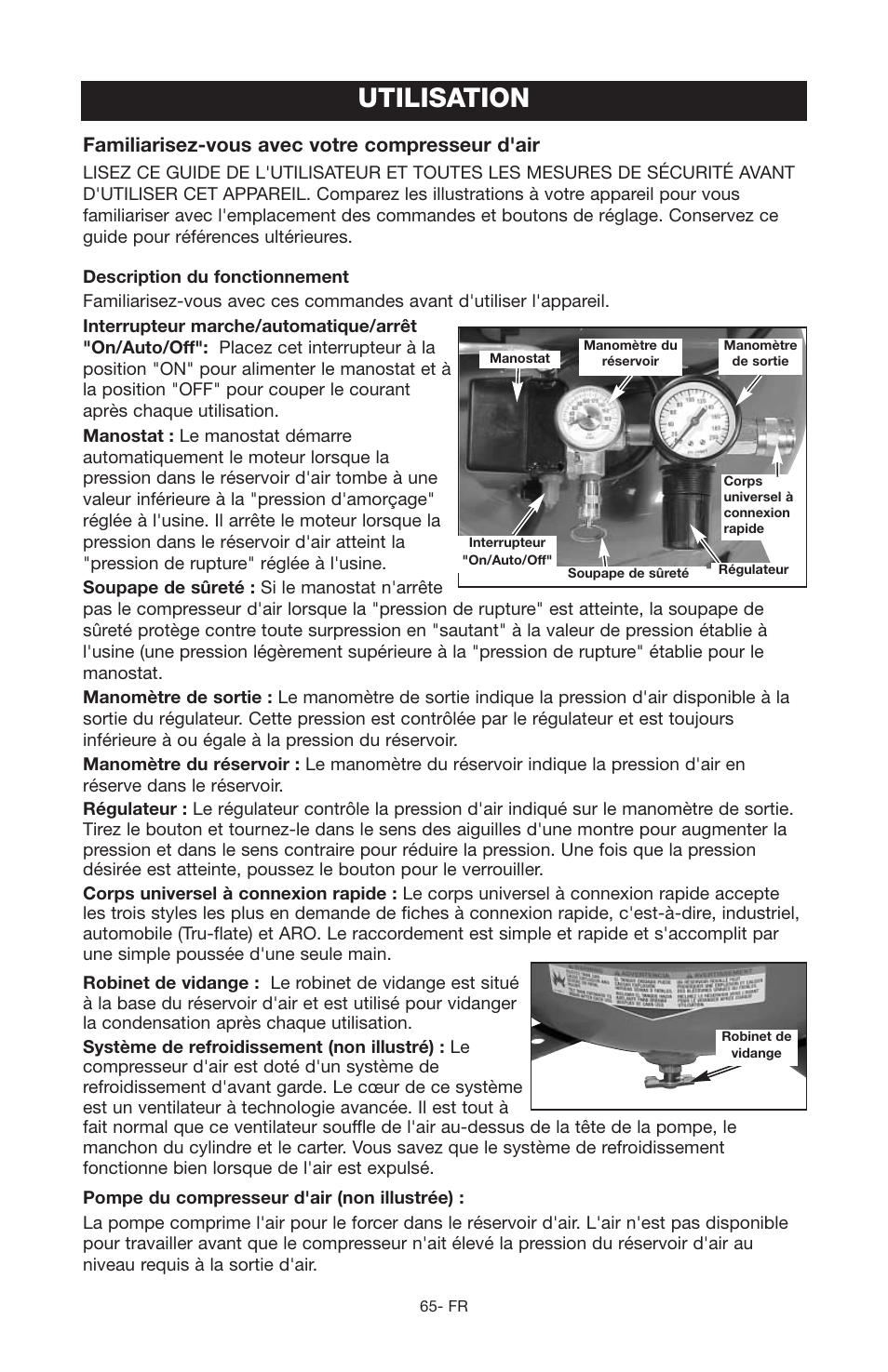 Utilisation, Familiarisez-vous avec votre compresseur d'air | Porter-Cable C2555 User Manual | Page 65 / 80