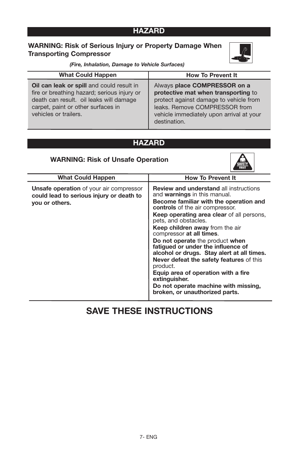 Save these instructions, Hazard | Porter-Cable C2555 User Manual | Page 7 / 80