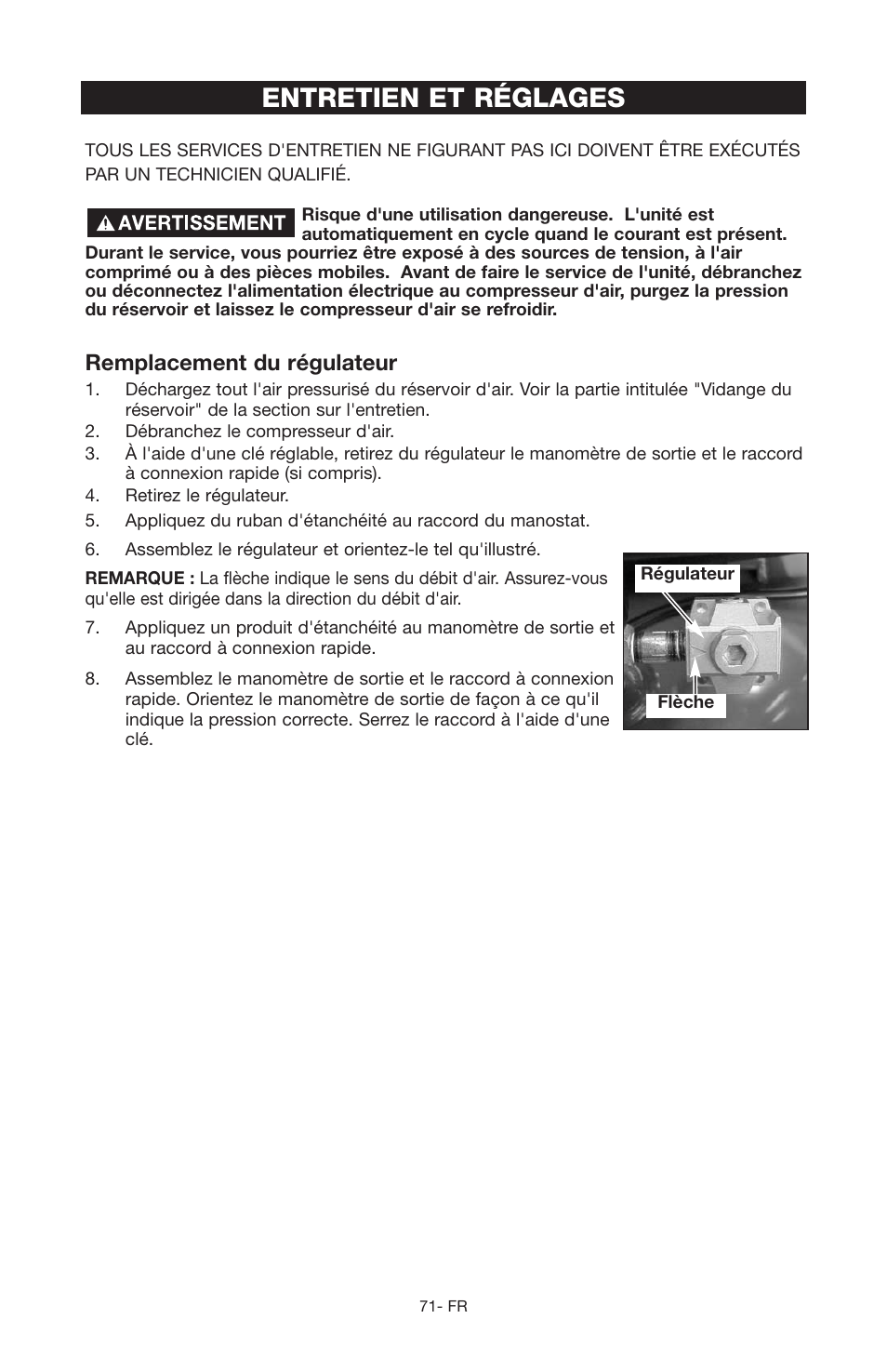 Entretien et réglages, Remplacement du régulateur | Porter-Cable C2555 User Manual | Page 71 / 80