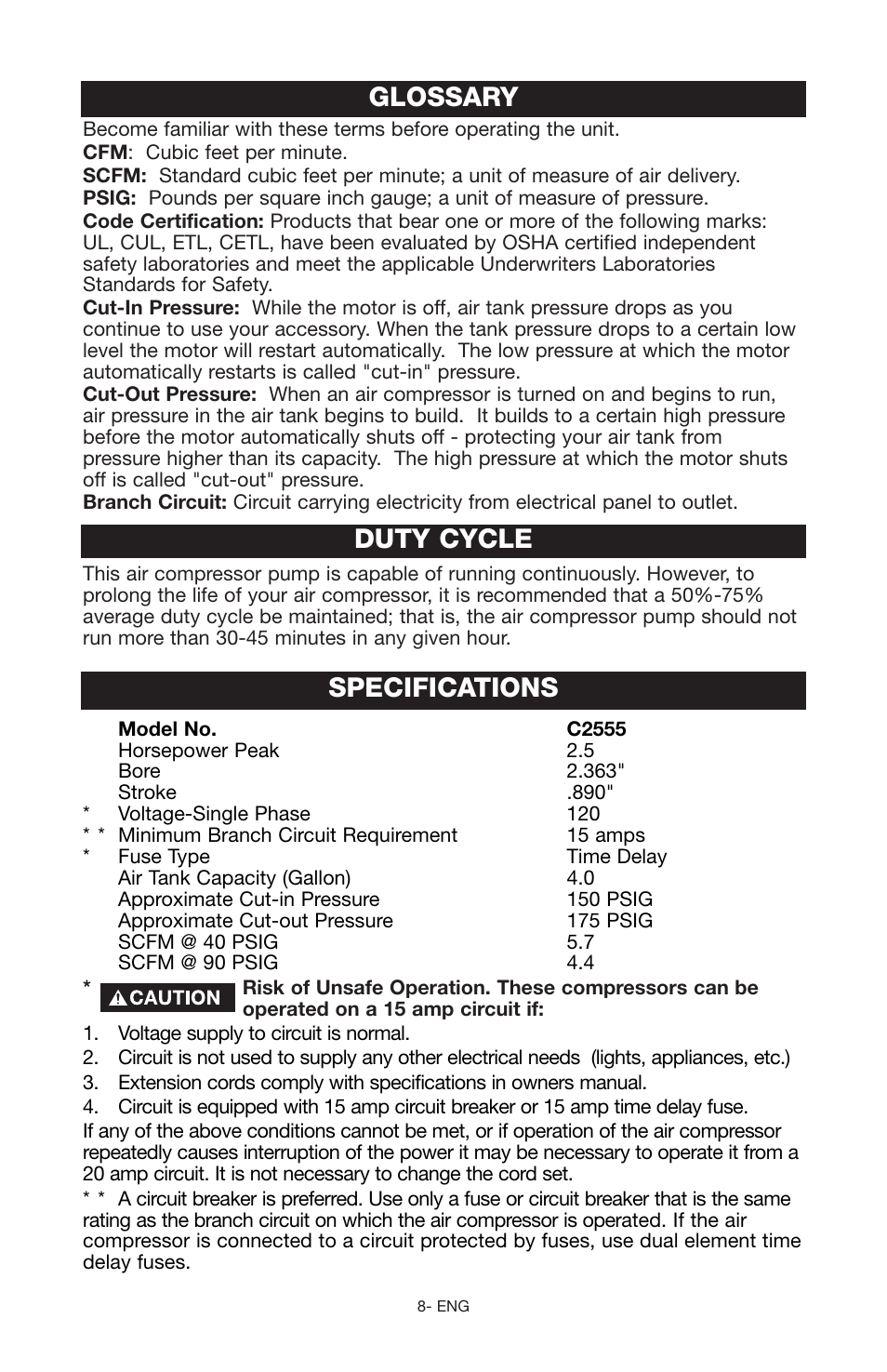 Glossary, Duty cycle specifications | Porter-Cable C2555 User Manual | Page 8 / 80