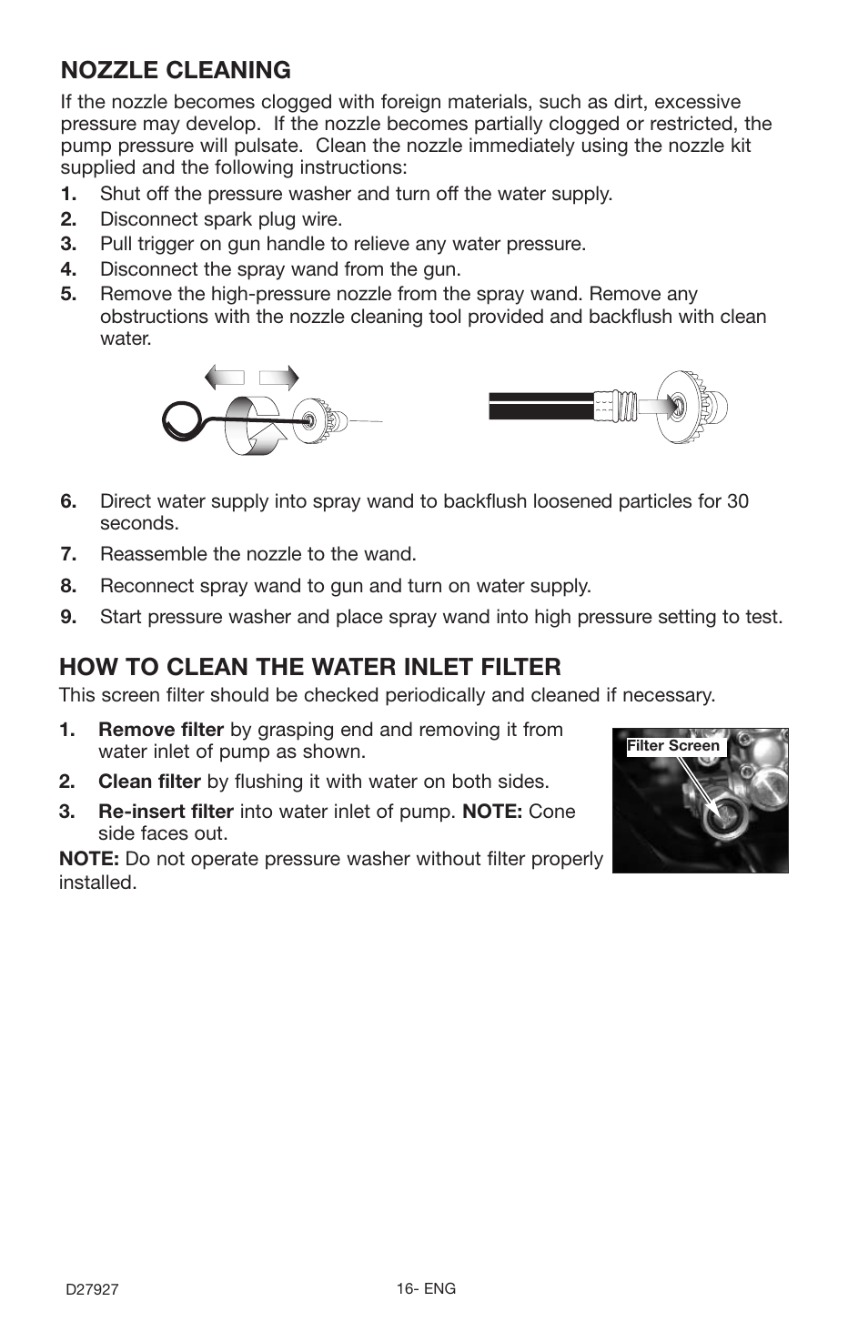 Nozzle cleaning, How to clean the water inlet filter | Porter-Cable PCK3030SP User Manual | Page 16 / 20