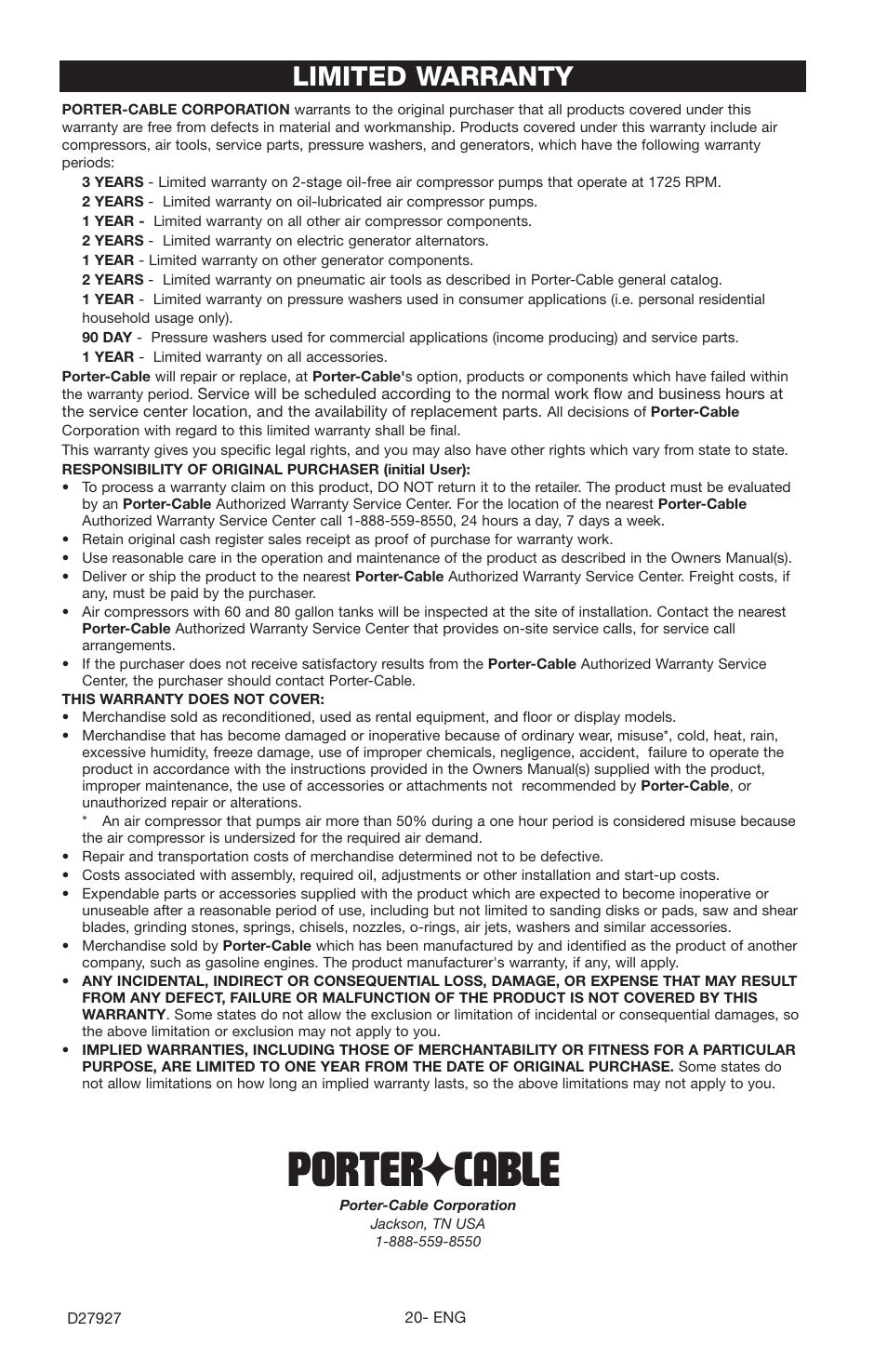 Limited warranty | Porter-Cable PCK3030SP User Manual | Page 20 / 20