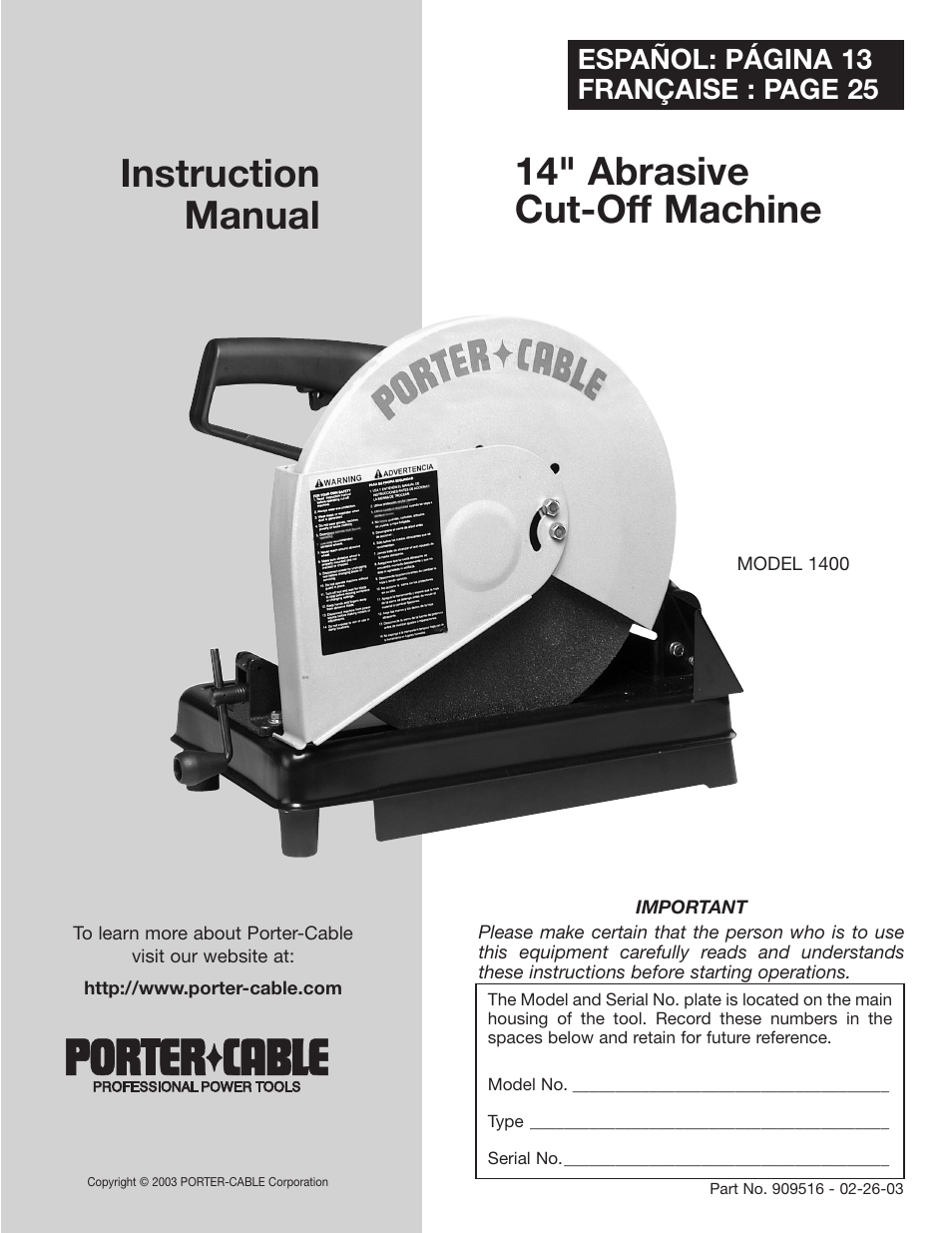 Porter-Cable 909516 User Manual | 13 pages